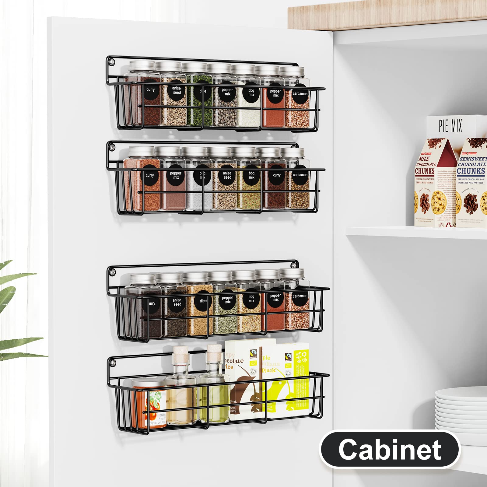 Mystozer Spice Rack Organizer Wall Mount, Hanging Spice Pantry Storage Shelf Organization, 4 Pack Space Saving Seasoning Organiz