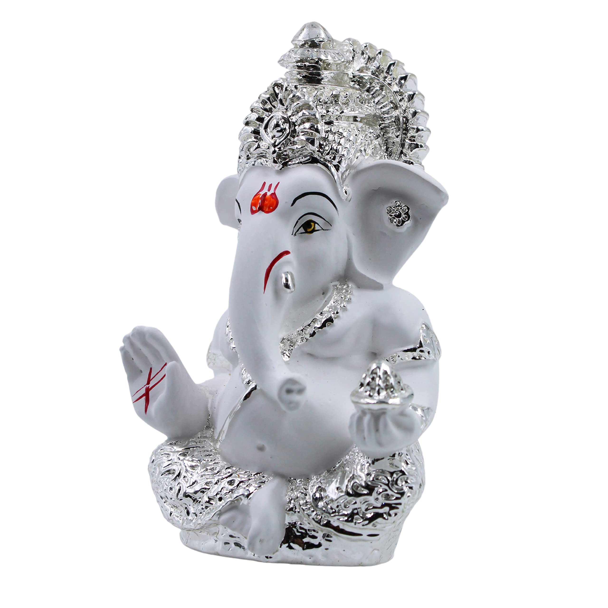Karauli Collection Ceramic Ganesh Idol For Car Dashboard Silver Plated Ganesh Statue (Silver, 8X6Cm)