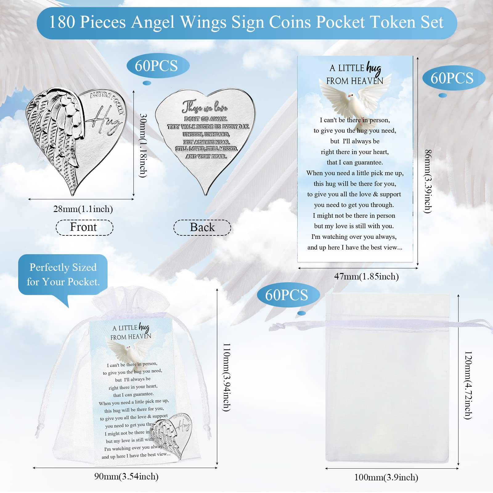 Fumete 60 Sets Funeral Favors for Memorial Service Celebration of Life Decorations Heart Pocket Hug Token Angel Coins and Angel