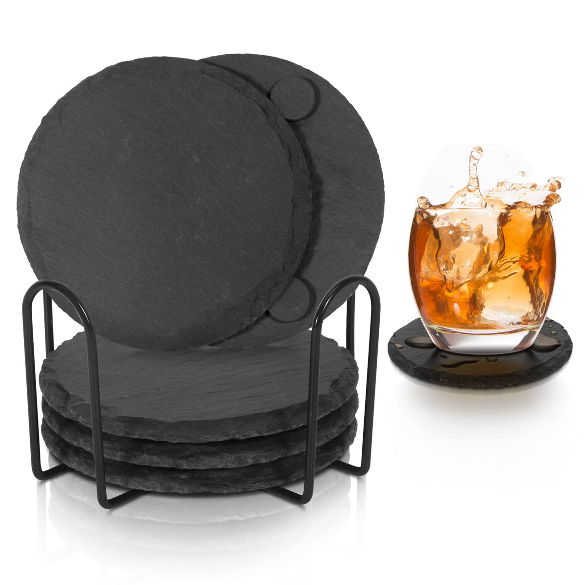 Black Slate Coasters For Drinks - Set Of 6 - Anti-Scratch Drink Coasters With Holder - Natural Stone Coasters Bulk, Unique Diy C