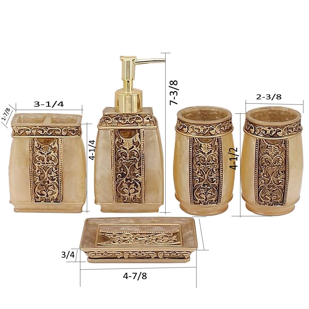Luant 5 Piece Bathroom Accessories Set, Collection Bath Set Features Soap Dispenser, Toothbrush Holder, Tumbler, & Soap (Golden