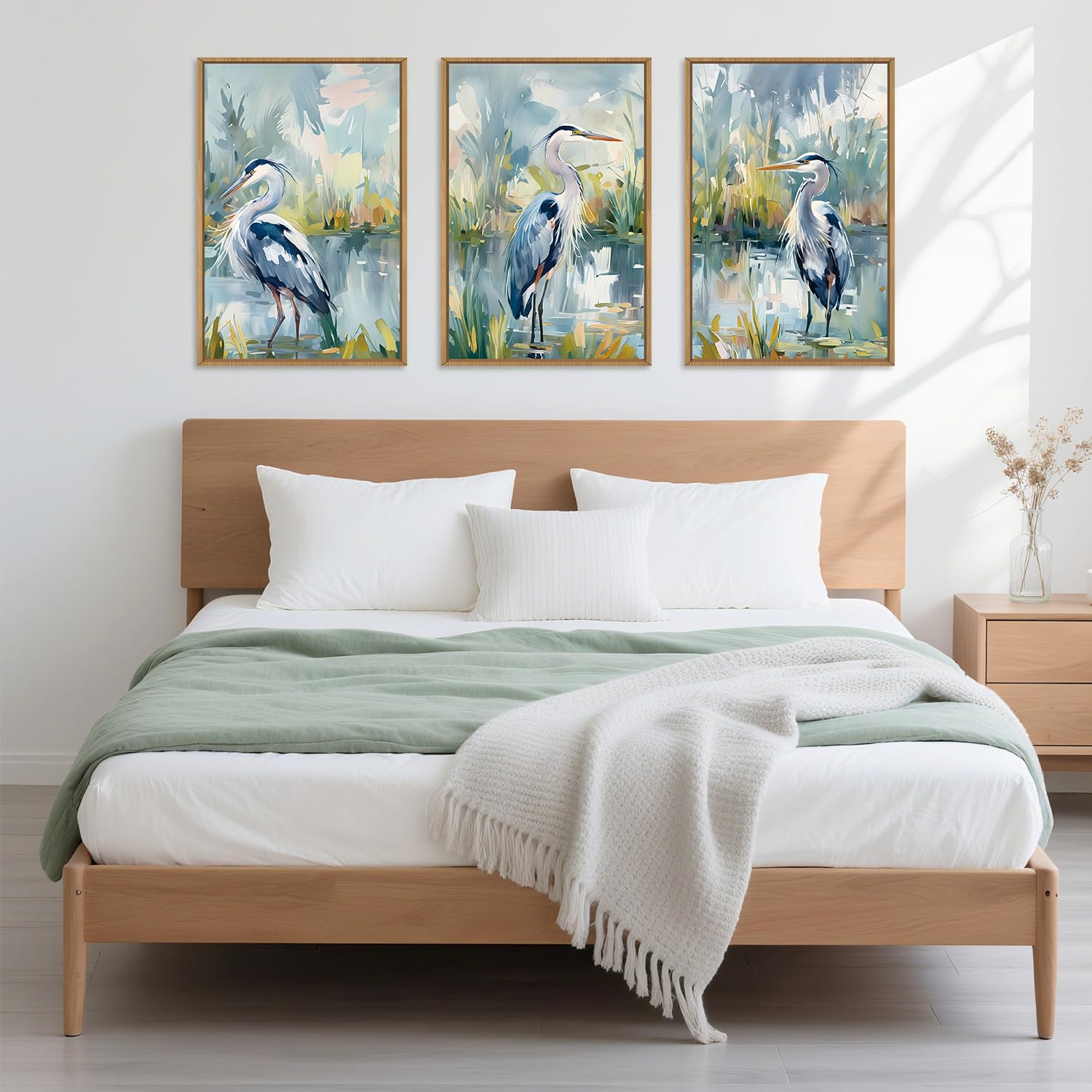 HLNIUC Great Blue Heron Wall Art Set of 3, Watercolor Coastal Bird Wall Decor(24x36), Wildlife Animal Illustrations Canvas Paint
