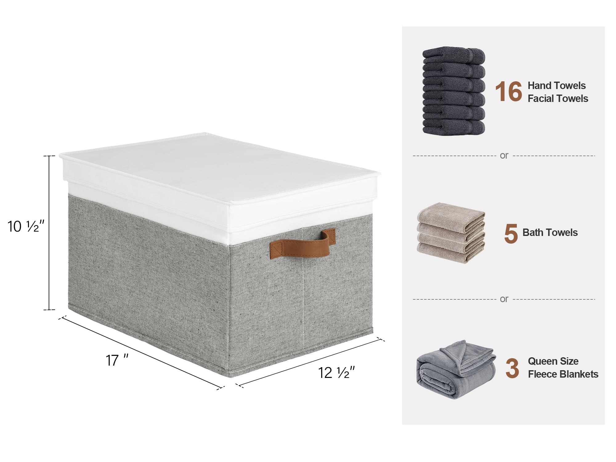 Storageworks Lidded Large Storage Bins, Foldable Decorative Storage Boxes, Fabric Storage Basket With Pu Handles, Grey And White