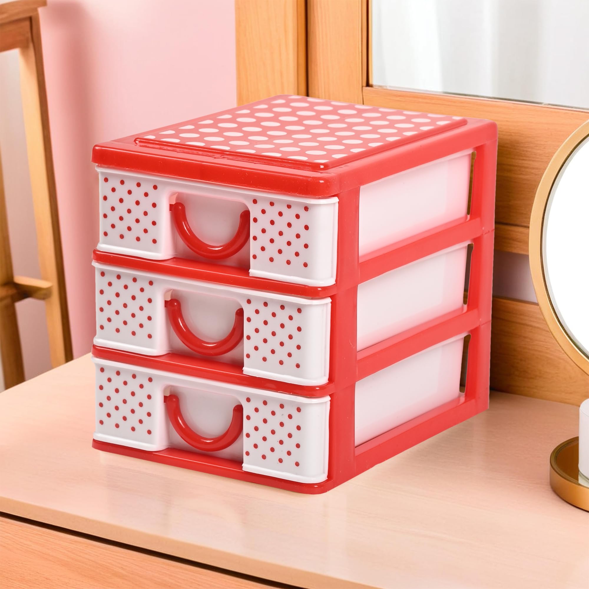 Kuber Industries 3Layer Plastic Drawer Storage Organizer For Beauty Products | Cosmetic Organizer Shelf For Makeup Table | Dots