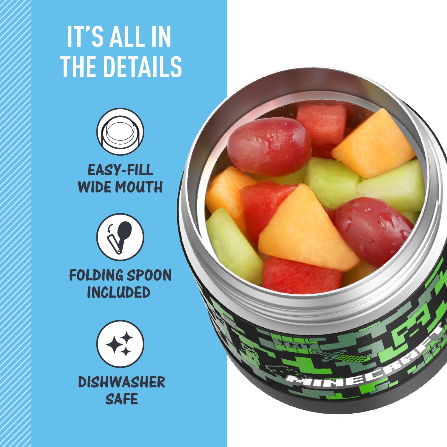 Thermostat Kids Vacuum Insulated Food Jar With Spoon, Minecraft, 10 Ounce, Stainless Steel