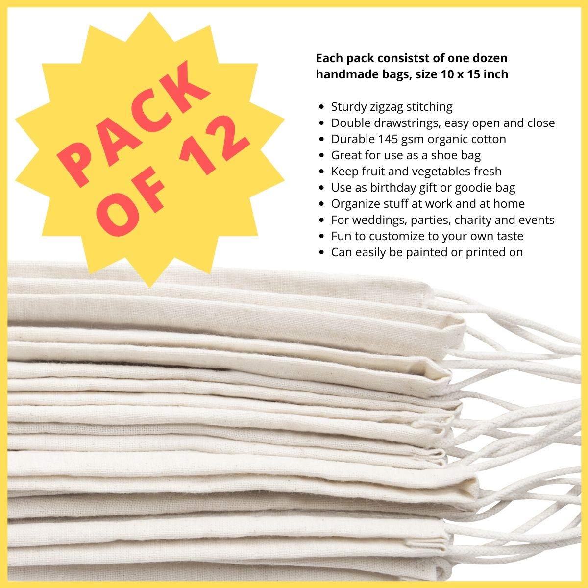 DR 100 Percent Cotton Muslin Drawstring Bags 12-Pack for Shoes Storage Pantry - Unbleached (10 x 15  Beige)