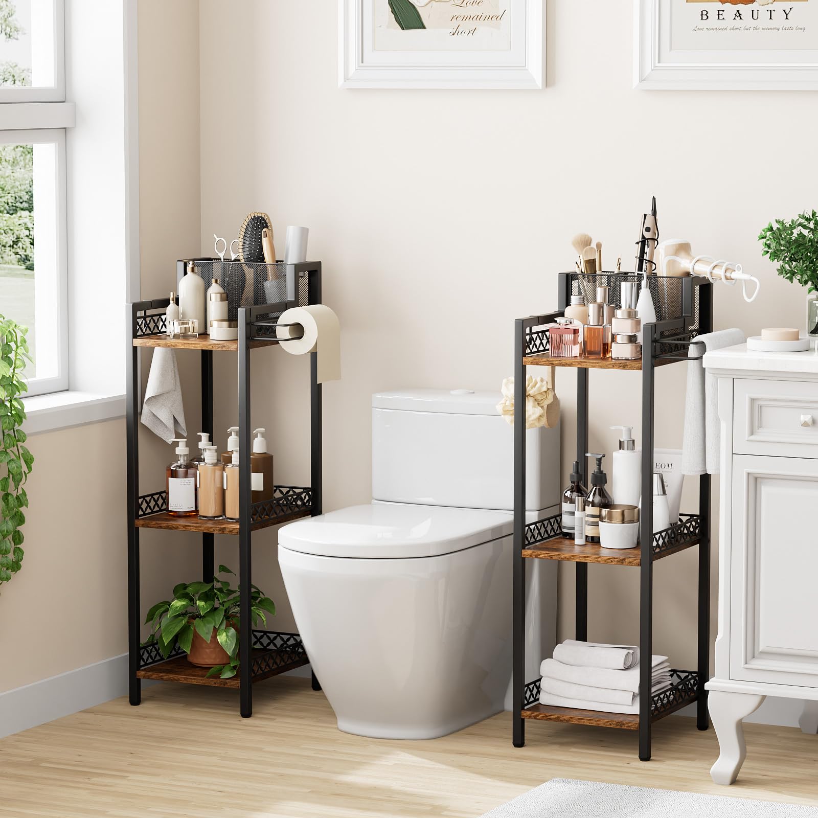 FURFUN Bathroom Storage Shelf Hair Dryer Holder, 3-Tier Narrow Metal Standing Rack with Toilet Paper Holder, Multifunctional Cor