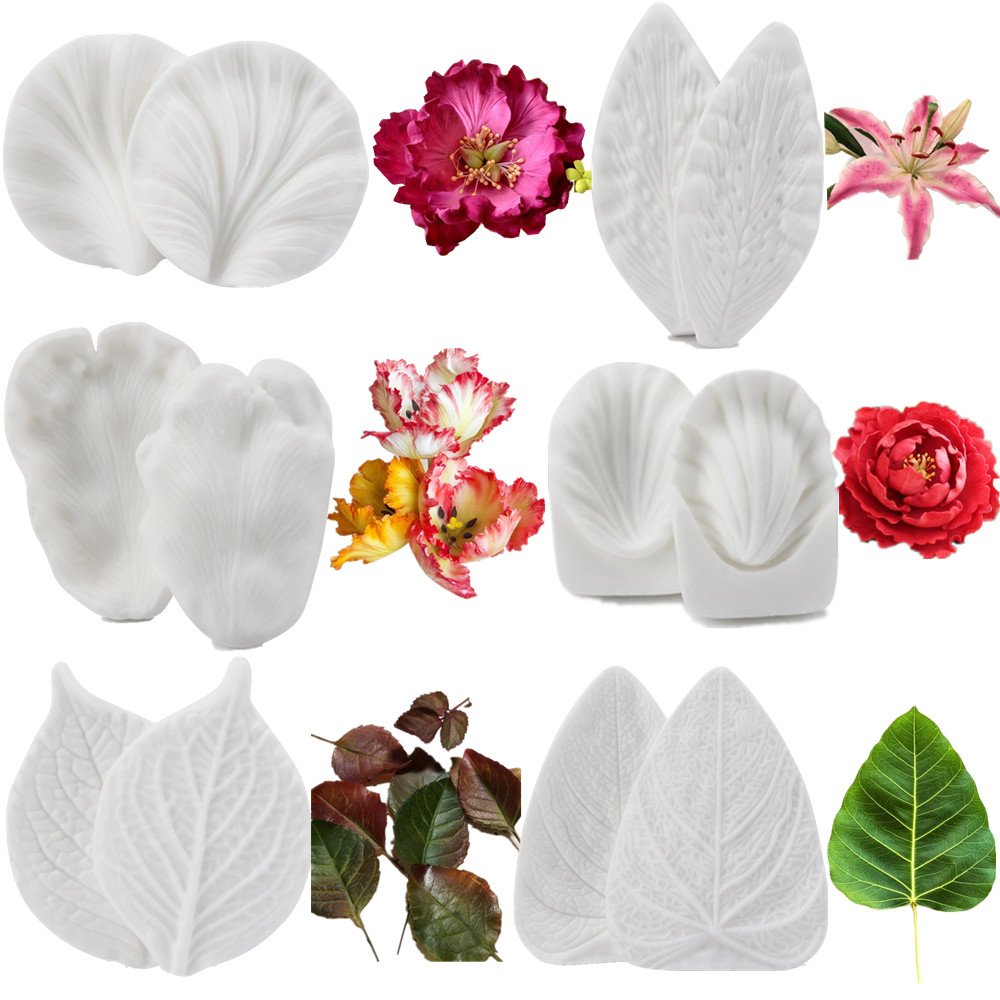 6Set Gumpaste Flower And Leaf Silicone Veining Mold Sugarcraft Fondant Flower Making Tools For Wedding Cake Decorating,Chocolate