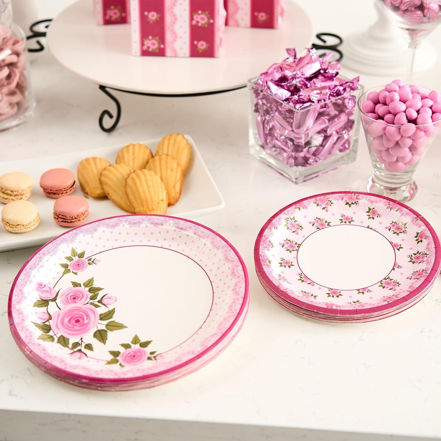 Royal Bluebonnet Paper Plates And Napkins Sets - Set Of 24 - Paper Plates And Napkins And Cups, Rose Floral Tea Party Decoration