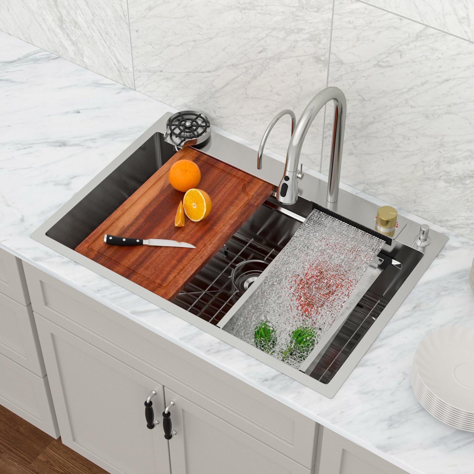 Logmey 33 Drop In Waterfall Kitchen Sink 33X22 Inch 16 Gauge Stainless Steel Single Bowl Workstation Kitchen Sinks With Faucet C