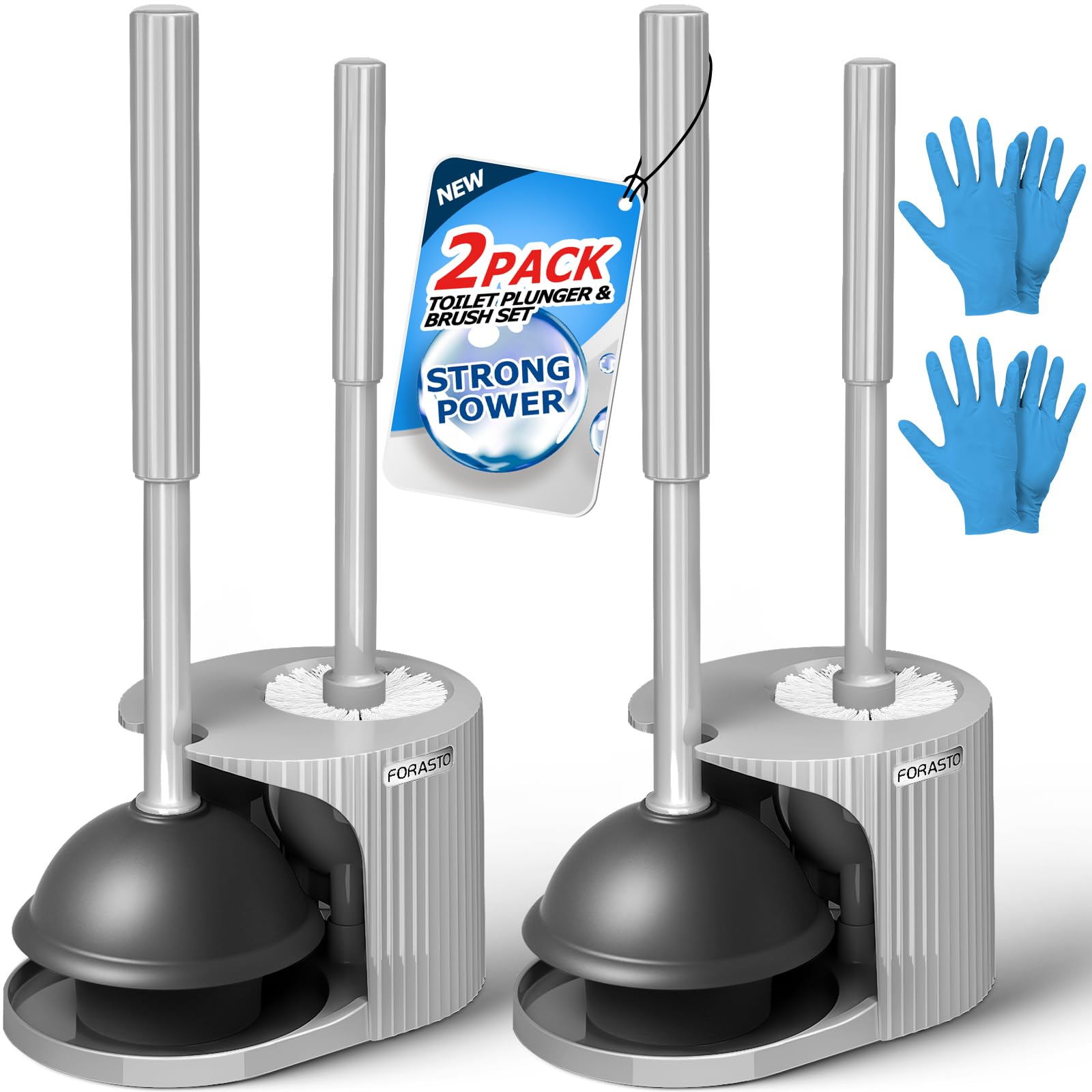 FORASTO 2Pack 2 in 1 Toilet Brush and Plunger Set, Extended Handle Plunger,Toilet Bowl Brush Plunger Set,Bathroom Cleaning Tools