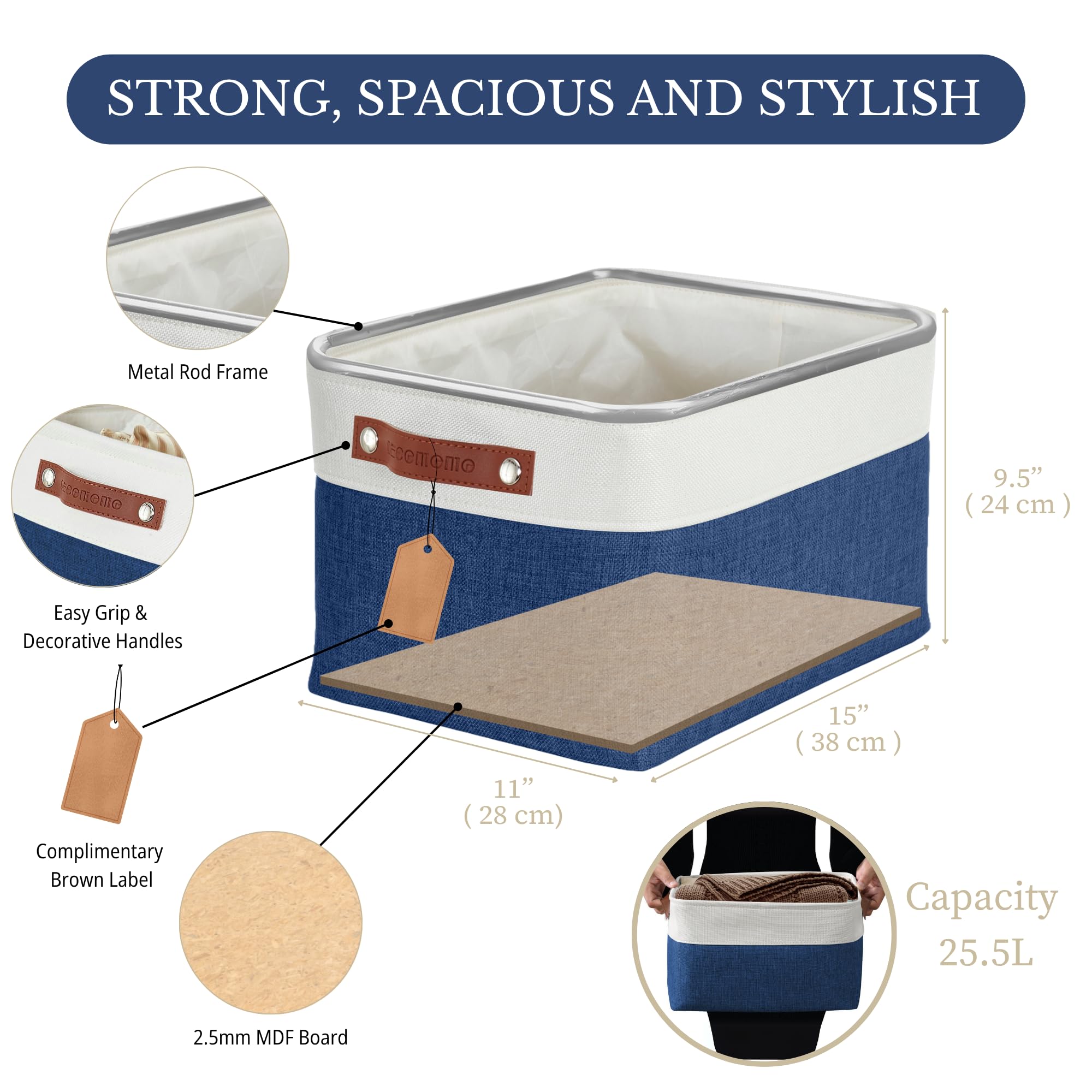 DECOMOMO Storage Baskets for Shelves - Fabric Storage Bins, Linen Closet Organizers and Storage (Navy Blue & White, Large - 4 Pa