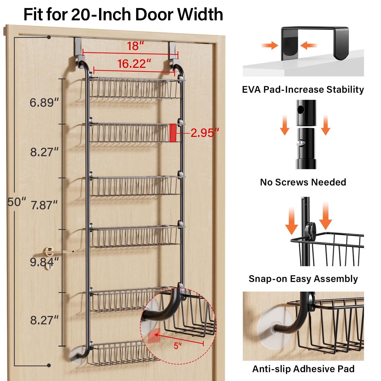 Delamu Over the Door Pantry Organizer, Metal Pantry Organizers and Storage, 6-Tier Over the Door Organizer, Pantry Door Organize