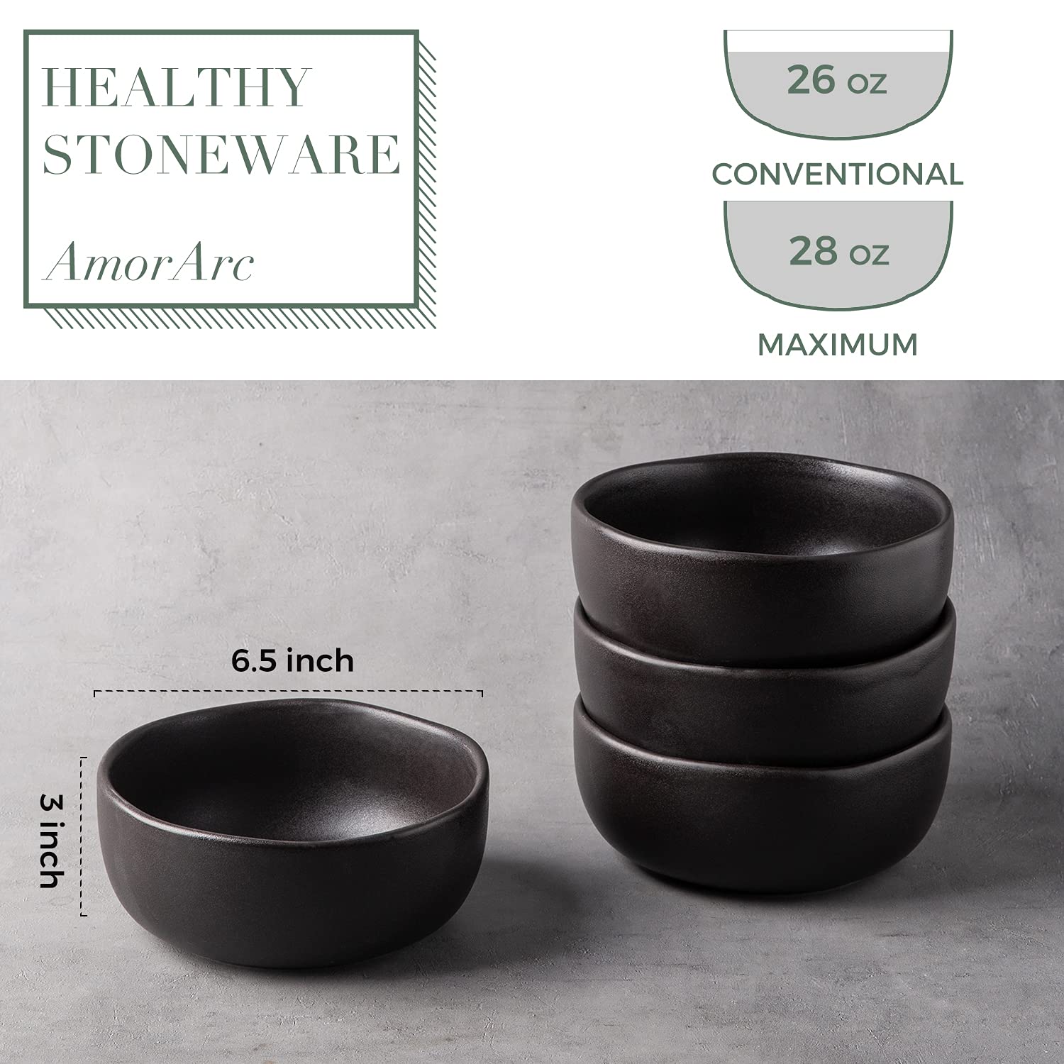Amorarc Stoneware Cereal Bowls For Kitchen, 28Oz Large Ceramic Soup Bowls Set Of 4 For Meal, Oven, Microwave&Dishwasher Safe Kit