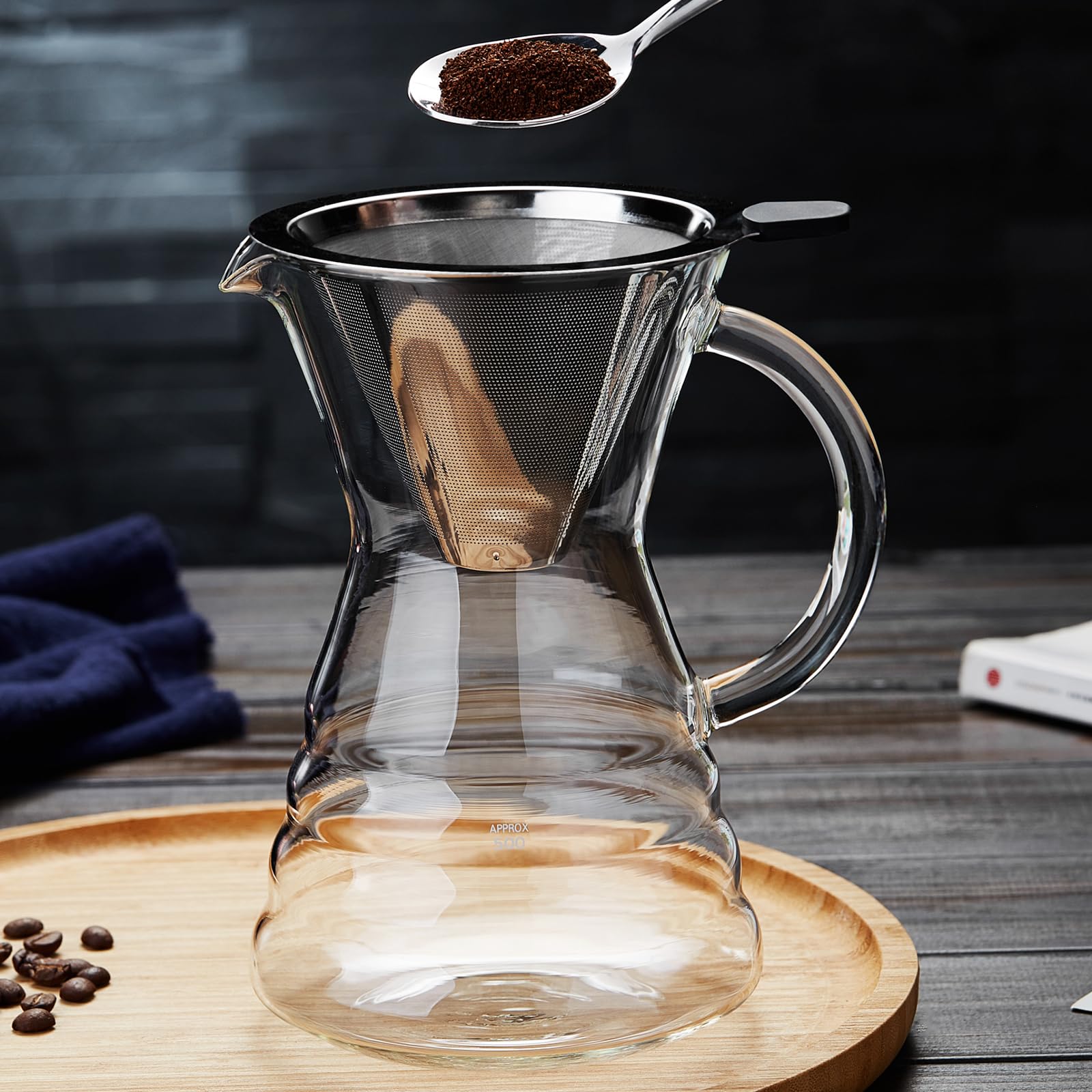 Unbreakable Pour Over Coffee Maker With Permanent Stainless Filter 8 Cup, Thickened Heat-Resistant Borosilicate Glass Dripper Co