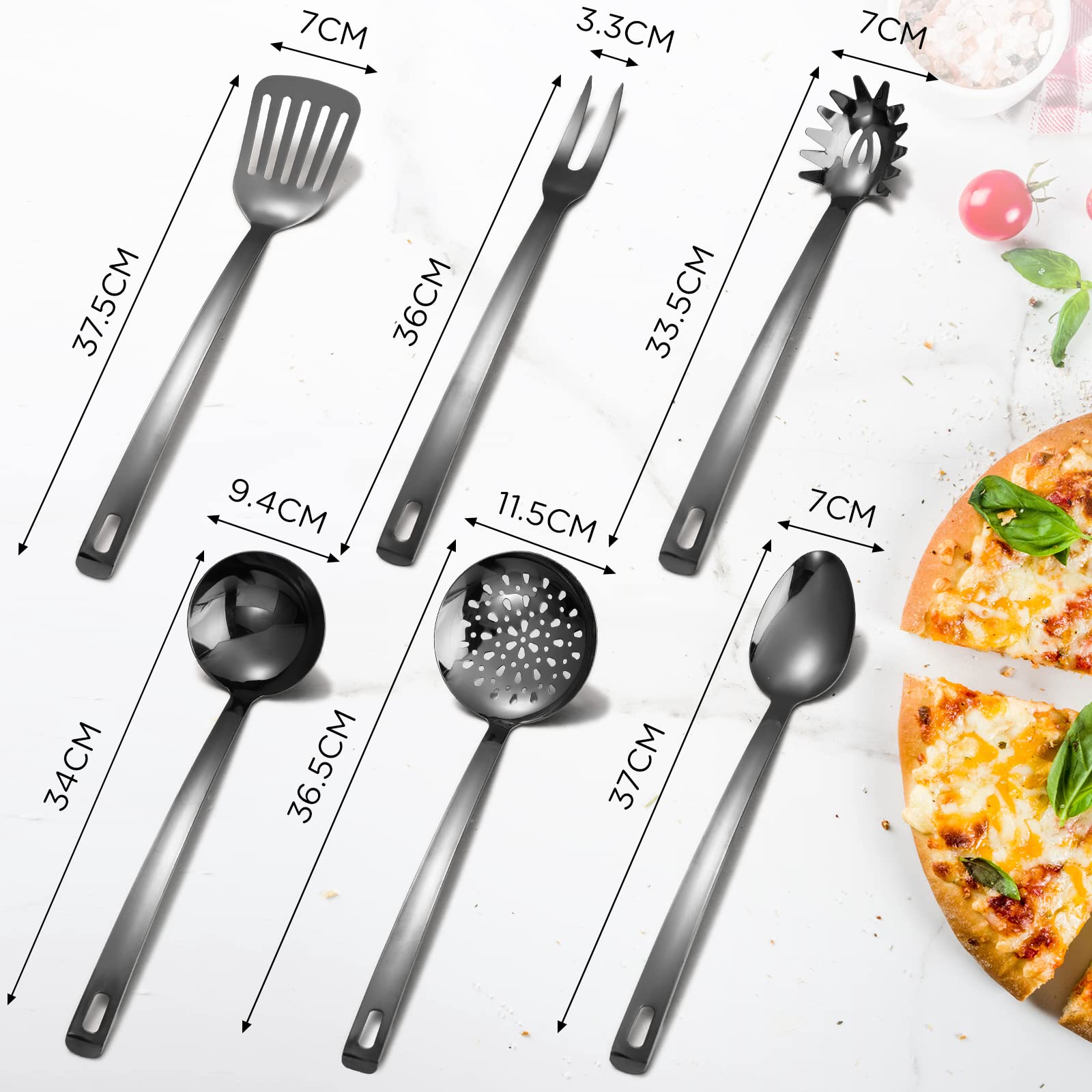 6 Pcs Large Black Stainless Steel Cooking Utensils Set Heat Resistant Kitchen Utensils Set Includes Colander, Bbq Fork, Pasta Sc