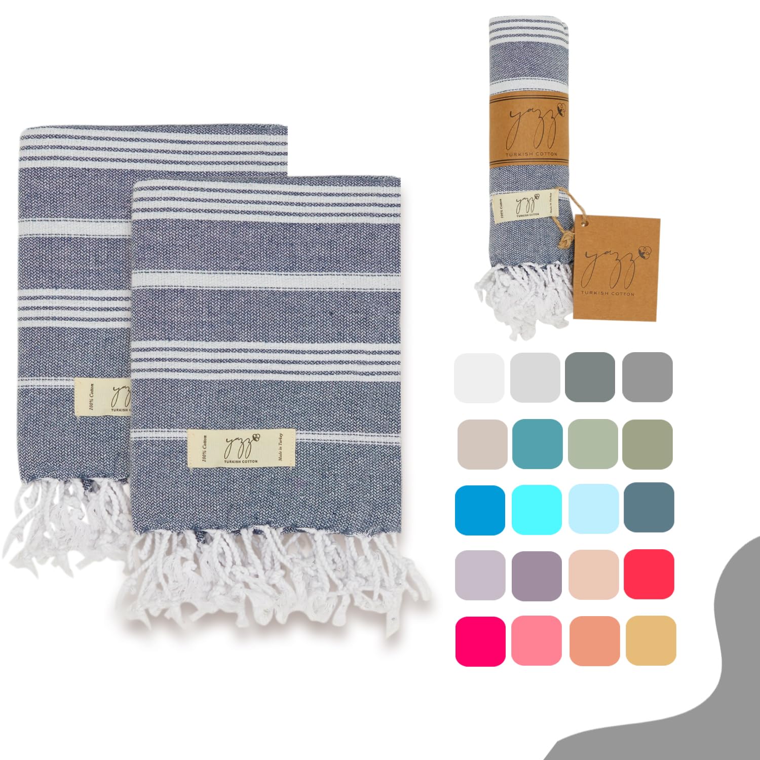 Yazz Turkish Cotton Turkish Hand Towels - Set Of 2 | 18'' X 30'' Inches | Decorative Peshtemal Cotton Hand Towels For Kitchen, B