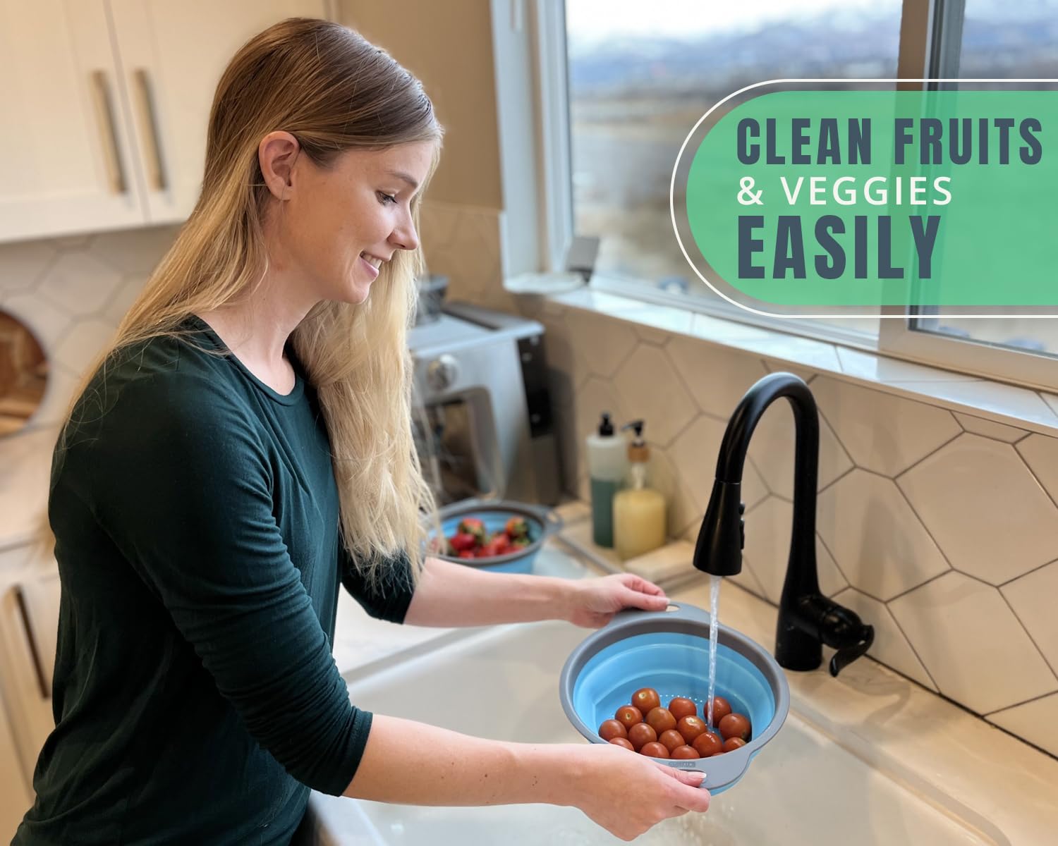 Ultimate Kitchen Strainers Set Of 2 - Collapsible Silicone Colanders For Easy Storage By Comfify - Use With Pasta & Veggies Or A