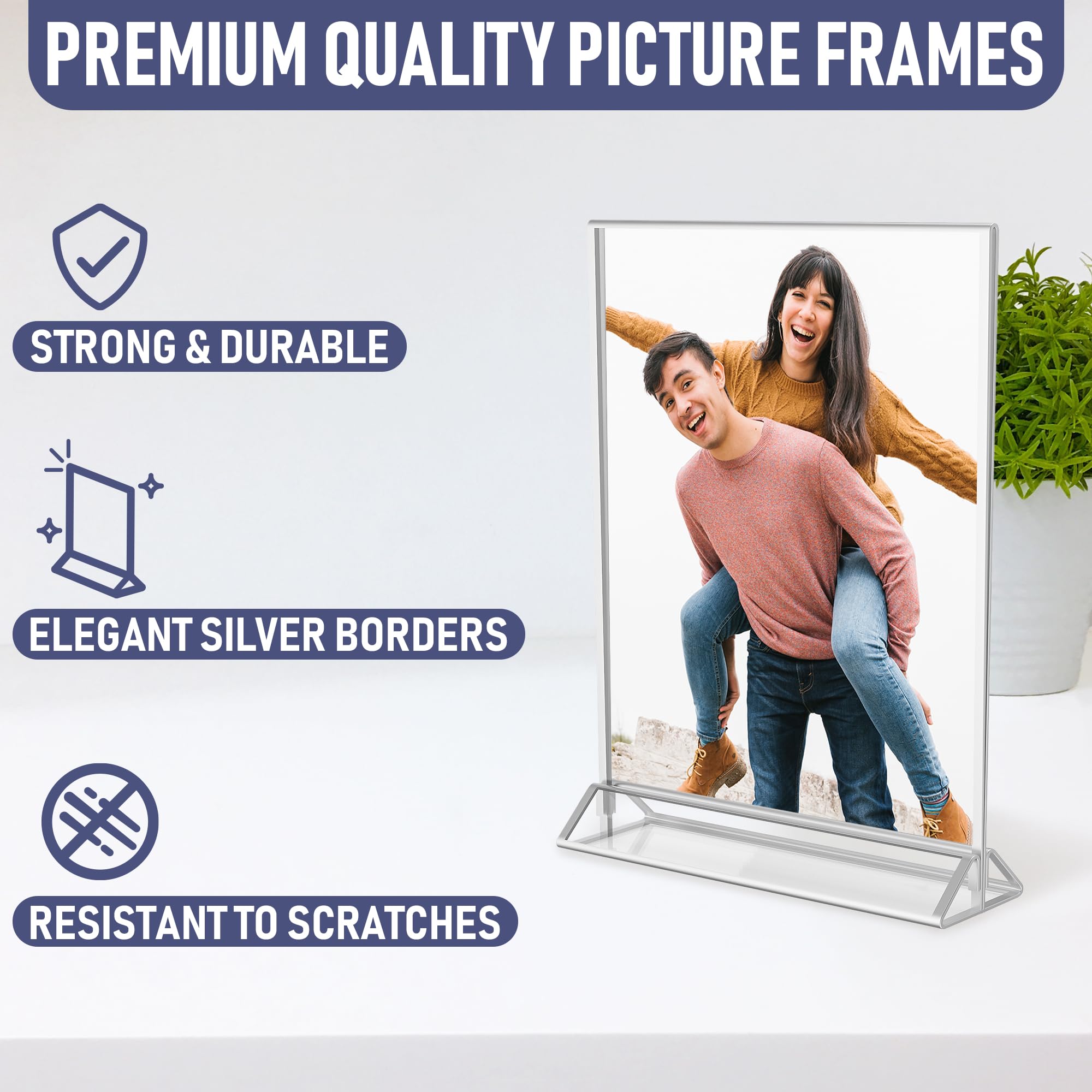 Silver Picture Frames Double Sided - 6 Pack - 5x7 Acrylic Silver Table Number Holders  clear Easel Table Stands for Signs  Silver Frames for Wedding Table Numbers  Menu Holder  Photo Frame