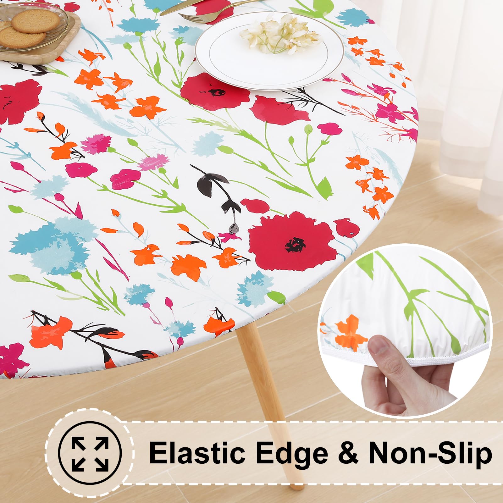 Misaya Round Fitted Tablecloth With Elastic Edge, 100% Waterproof Oil Proof Plastic Table Cover, Vinyl Flannel Backed Table Clot