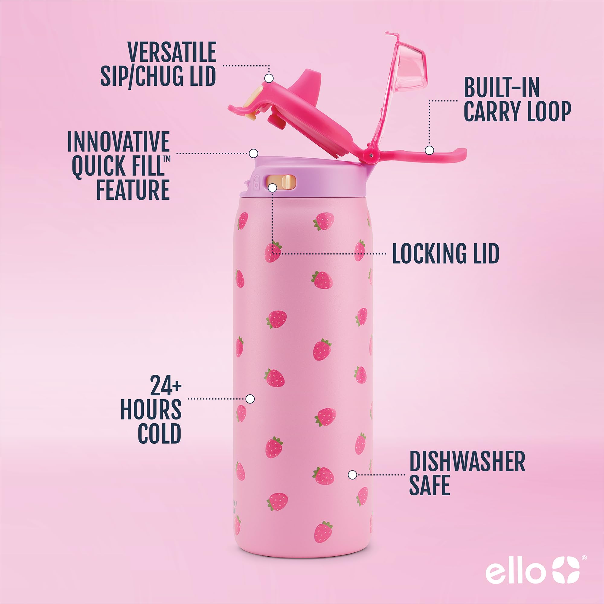 Ello Pop & Fill 18oz Stainless Steel Kids Water Bottle with Quick Fill Lid | Vacuum Insulated BPA Free Bottle with Leak Proof St