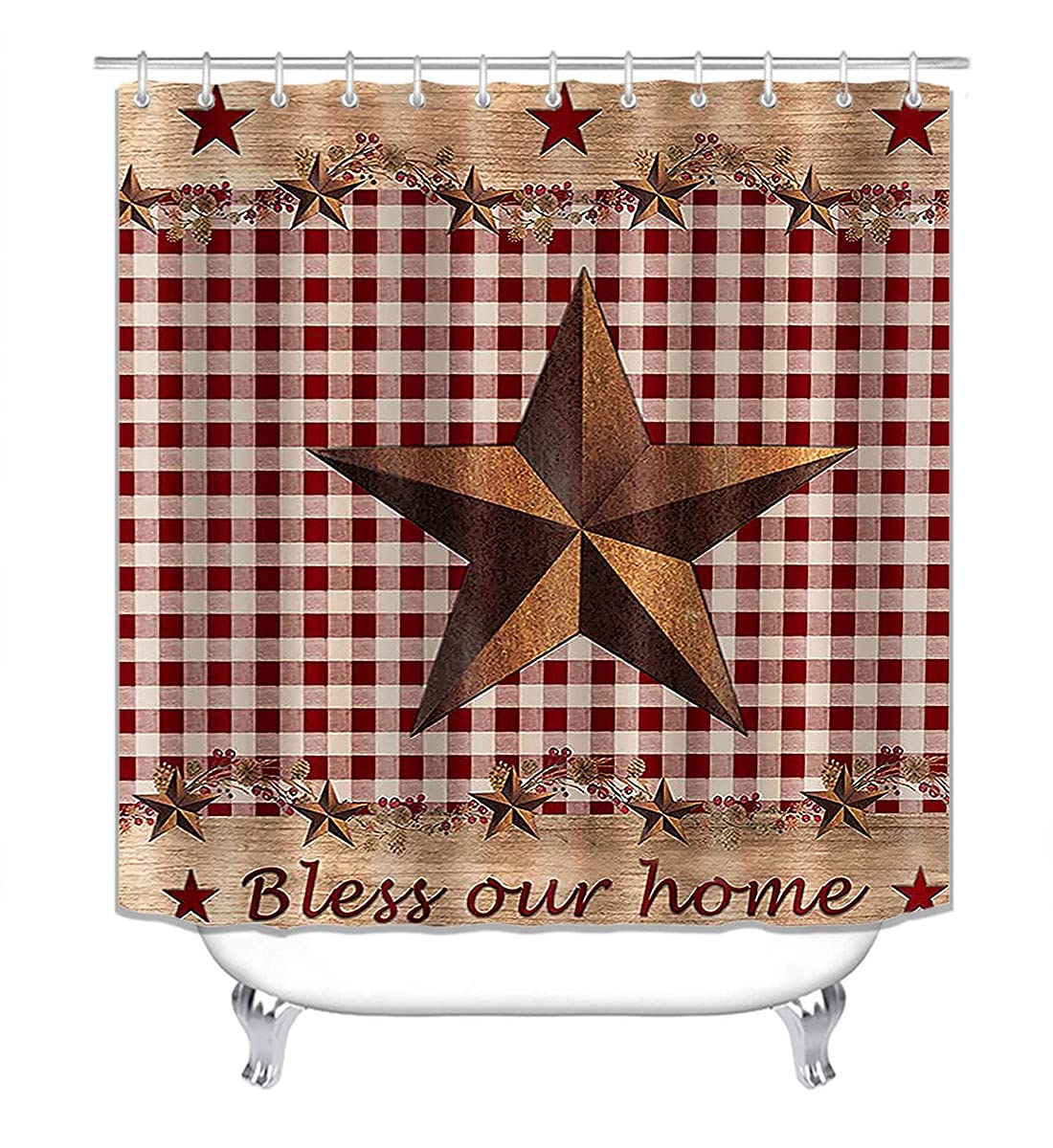 Camille&Andrew 4Pcs/Set Vintage Brown Western Texas Star Shower Curtain, Primitive Berry Star Red Beige Plaid Rustic Wooden Boar