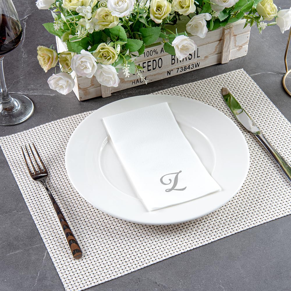 Luxenap 15.8 X 7.9 Inch Linen-Feel Guest Towels, 50 Disposable Striped Hand Towels - Silver Letter 'Z', Cursive Font, White Pape