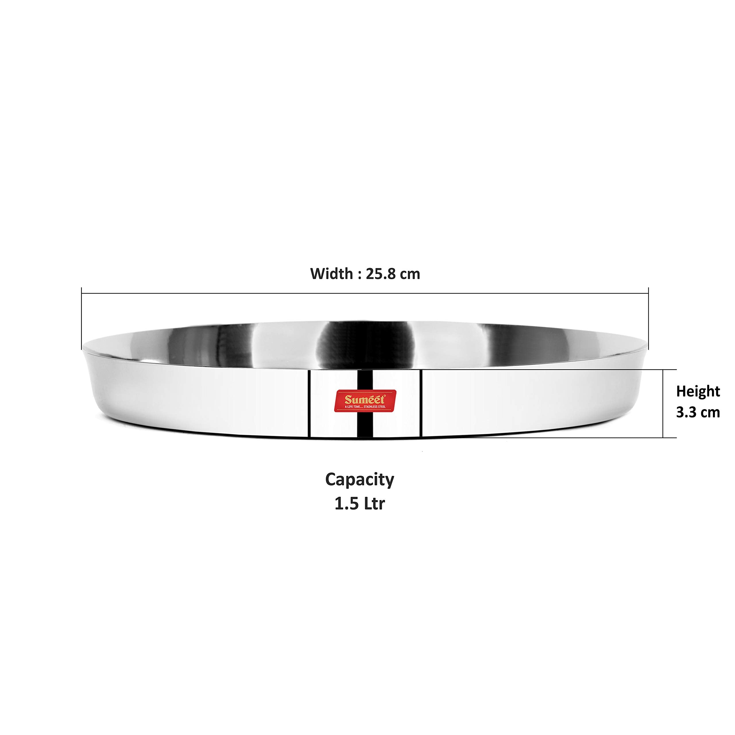 Sumeet 22 Gauge Stainless Steel Traditional Dinner Plate/Thali 25.8Cm (1.5Ltr) - Set of 3pc