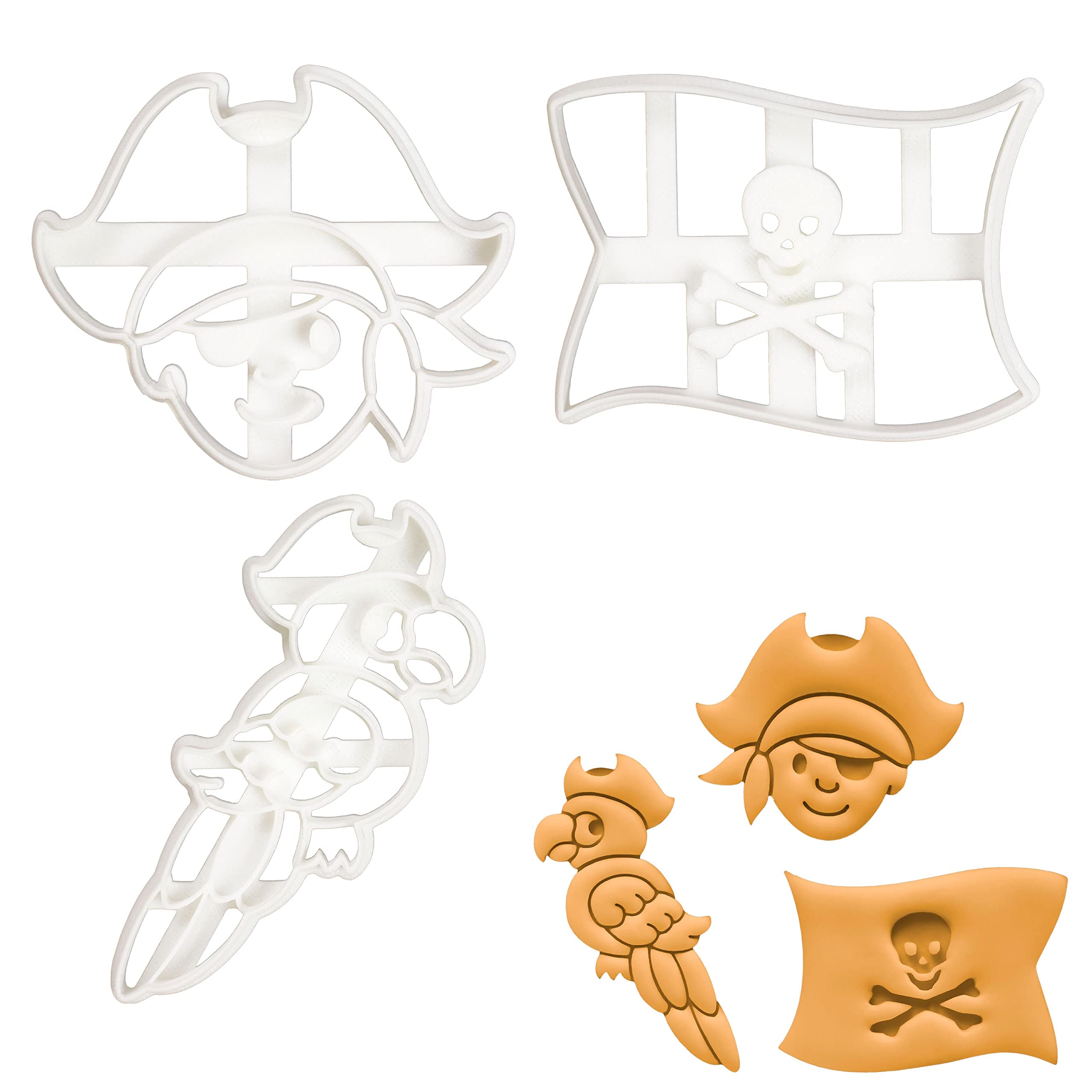 Set Of 3 Pirate Theme Cookie Cutters (Designs: Pirate Flag, Pirate Boy And Parrot), 3 Pieces - Bakerlogy