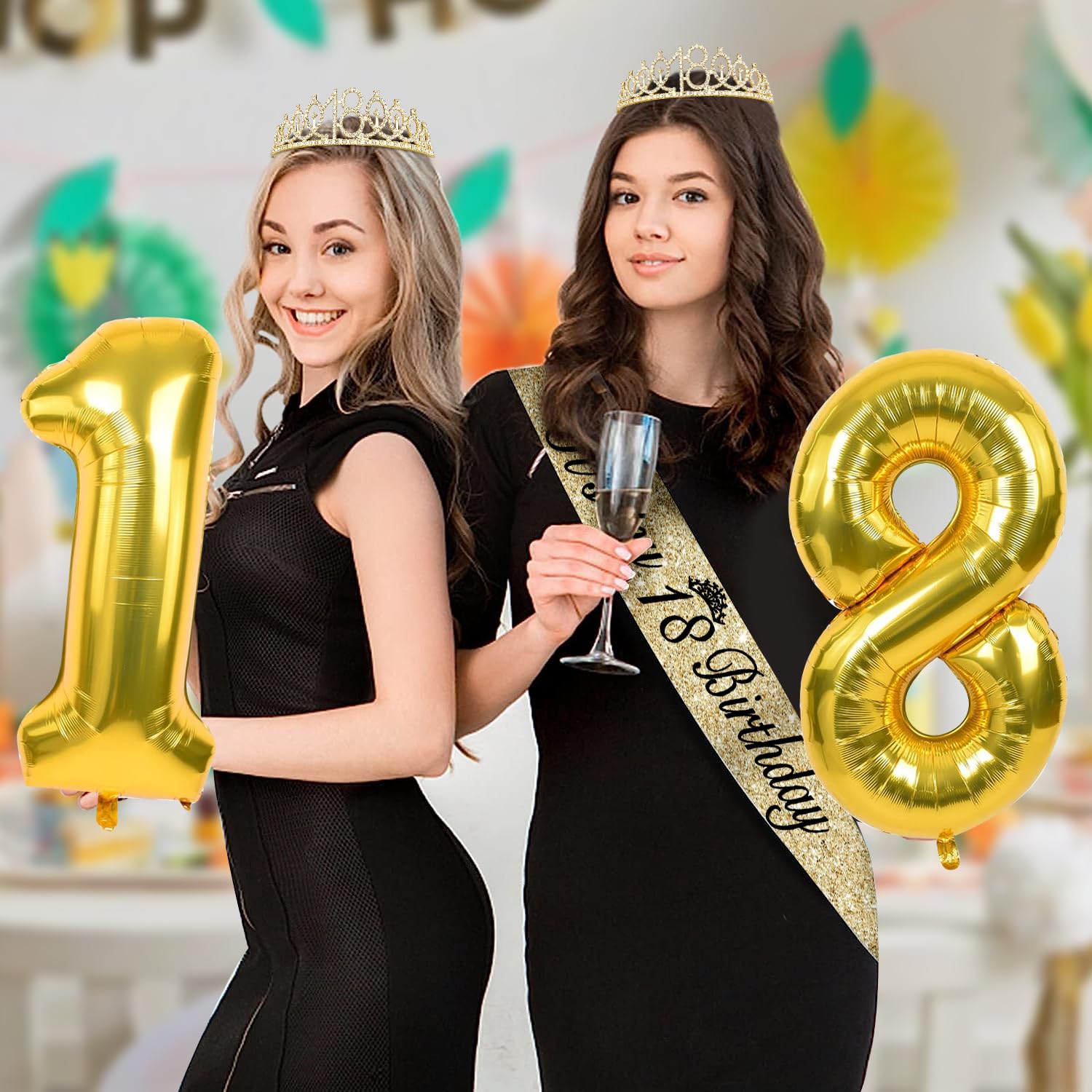 18Th Birthday Decorations For Girls Gold Set With 18Th Birthday Tiara And Sash Gold, 18 Birthday Cake Topper And Number 18 Candl