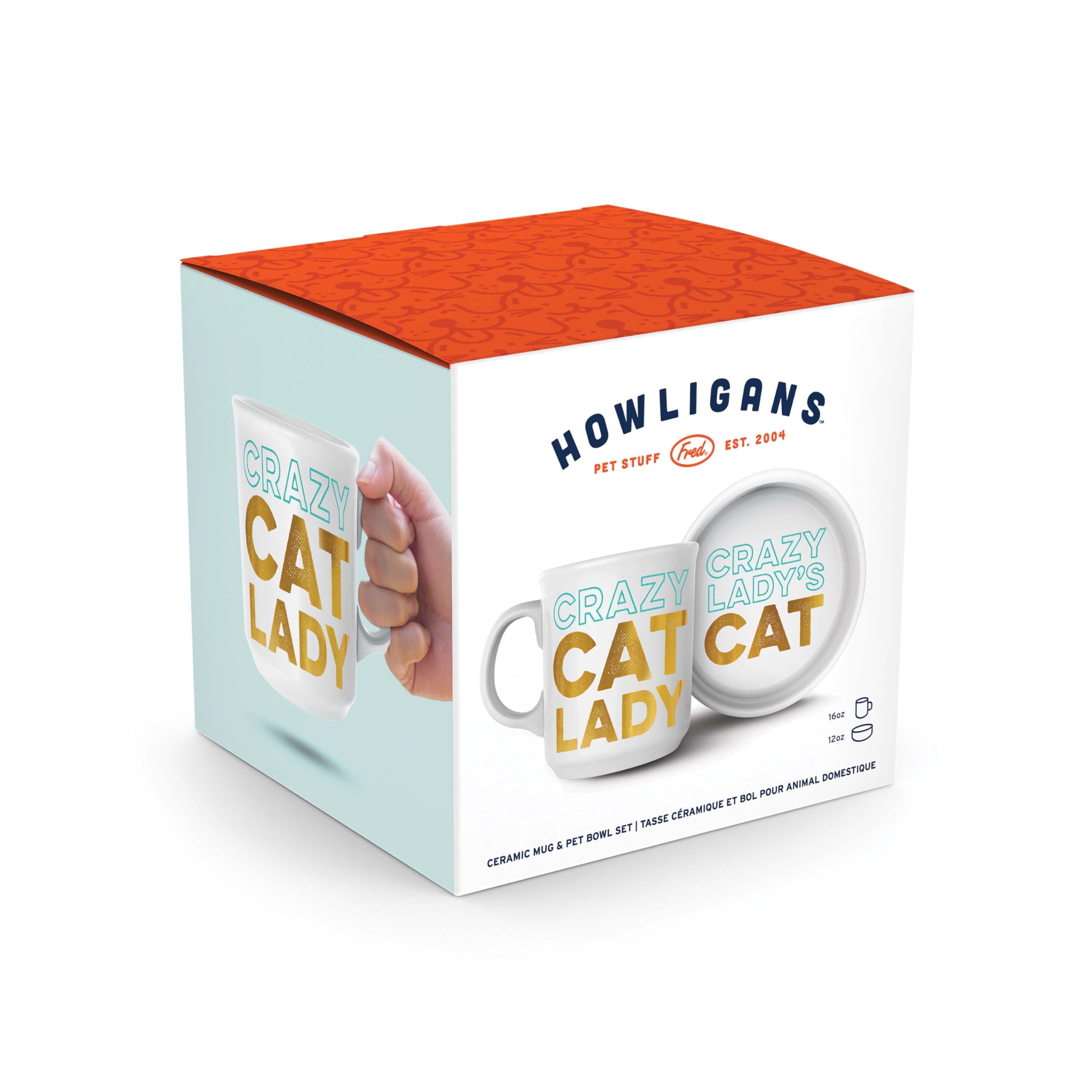 Genuine Fred Howligans - Mug + Cat Bowl - Crazy Cat Lady, White