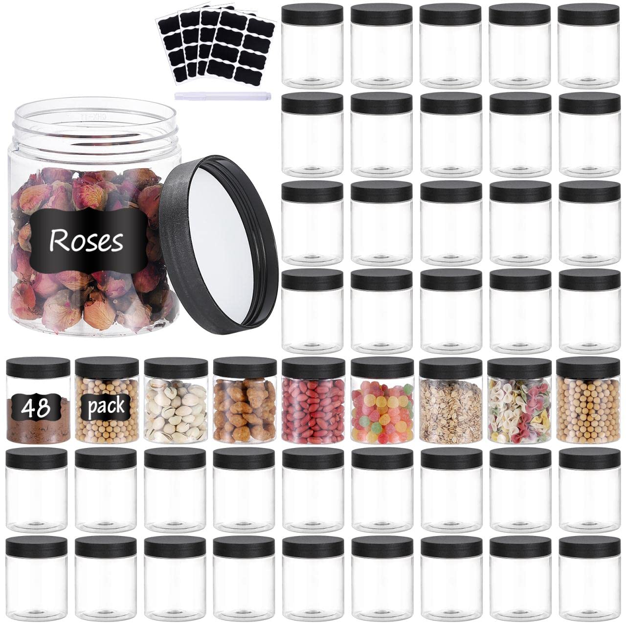 48Pcs 8Oz Plastic Jars With Screw On Lids, Pen And Labels Refillable Empty Round Slime Cosmetics Containers For Storing Dry Food