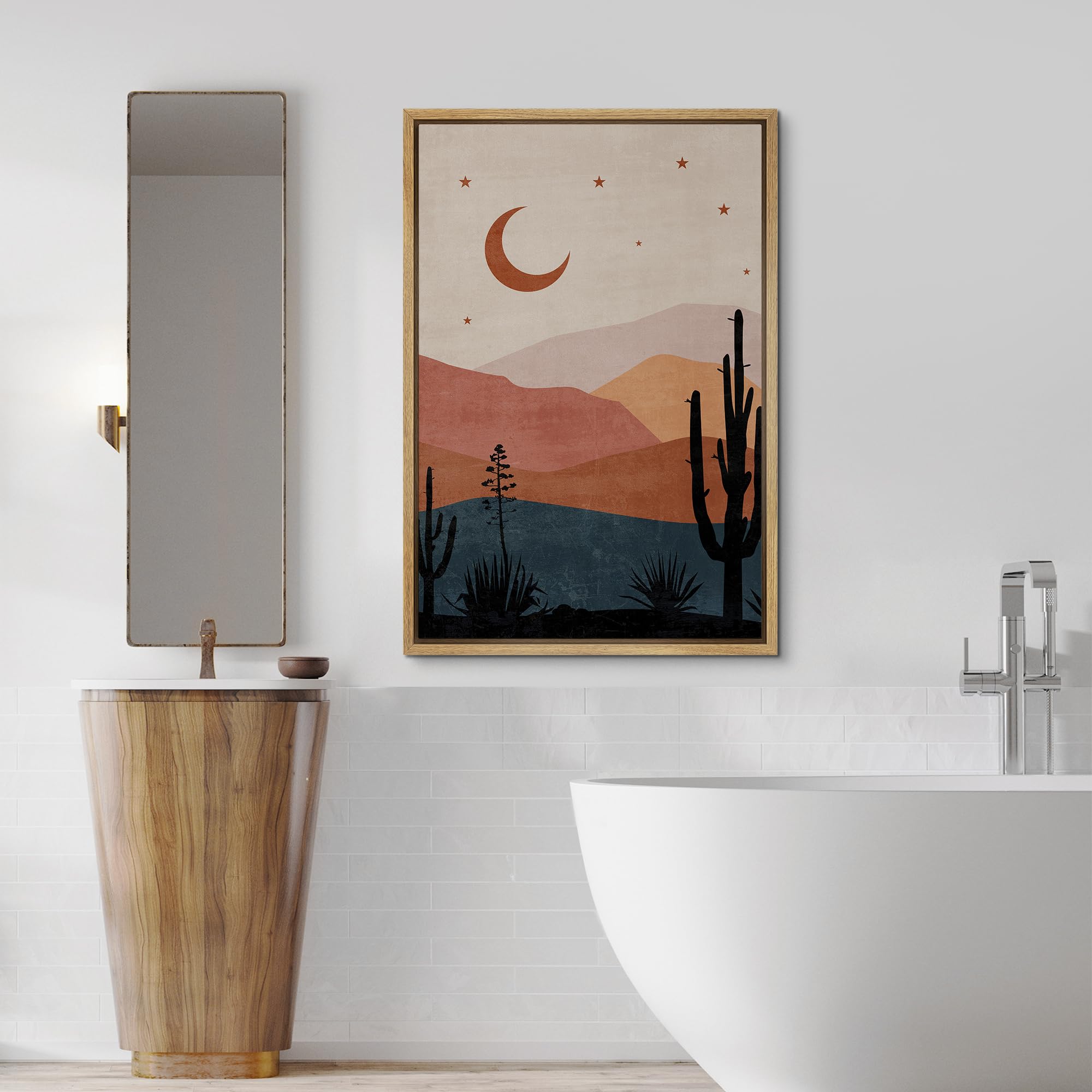 Signford Framed Canvas Print Wall Art Desert Landscape With Crescent Moon And Silhouetted Cacti Nature Wilderness Illustrations