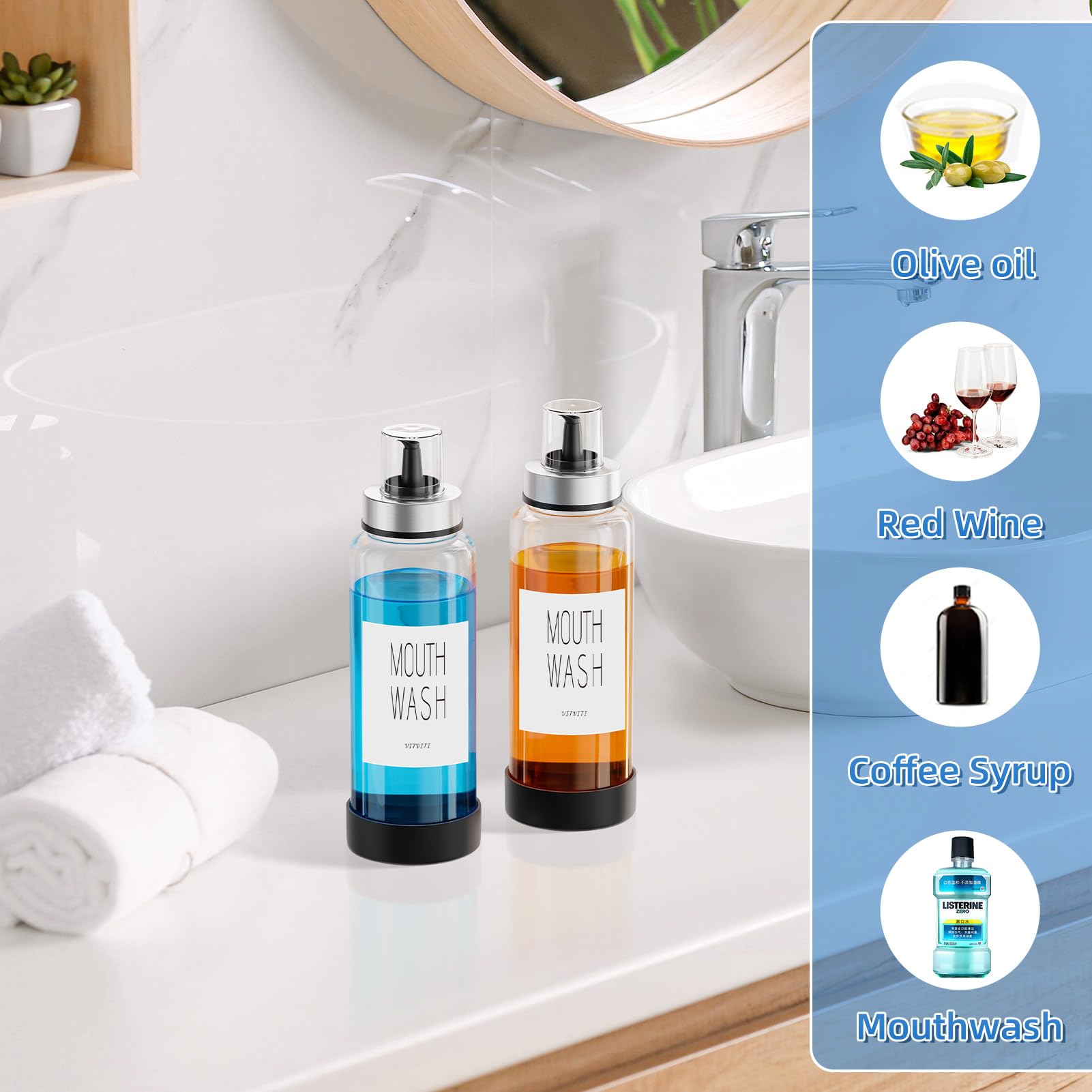 Vitviti 10Oz Mouthwash Dispenser For Bathroom, Glass Mouth Wash Container With Cup Lid, Clear Refillable Mouthwash Bottle Decant
