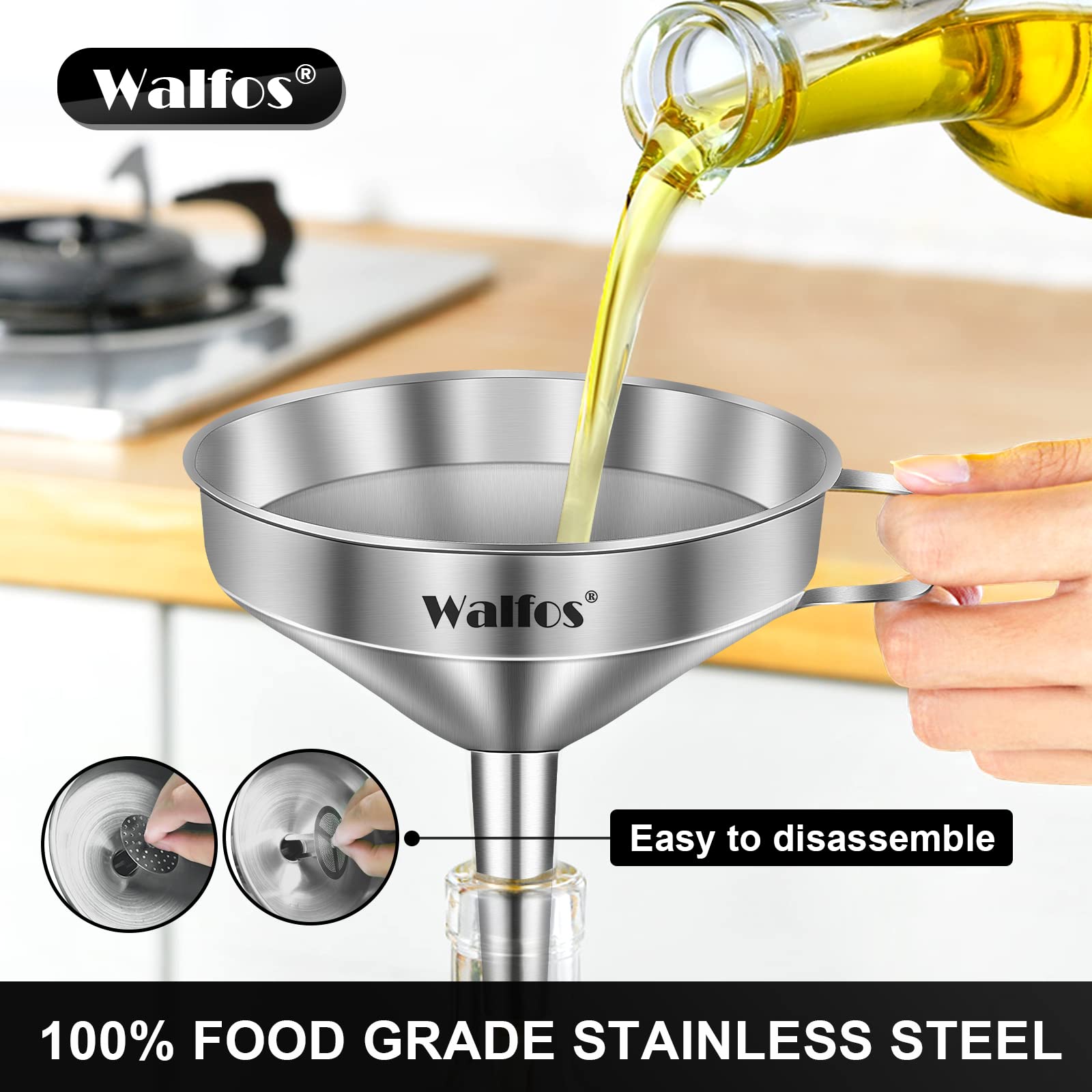 Stainless Steel Funnel, Walfos Kitchen Funnel With 2 Removable Strainer & 1Pc Cleaning Brush, Perfect For Transferring Of Liquid