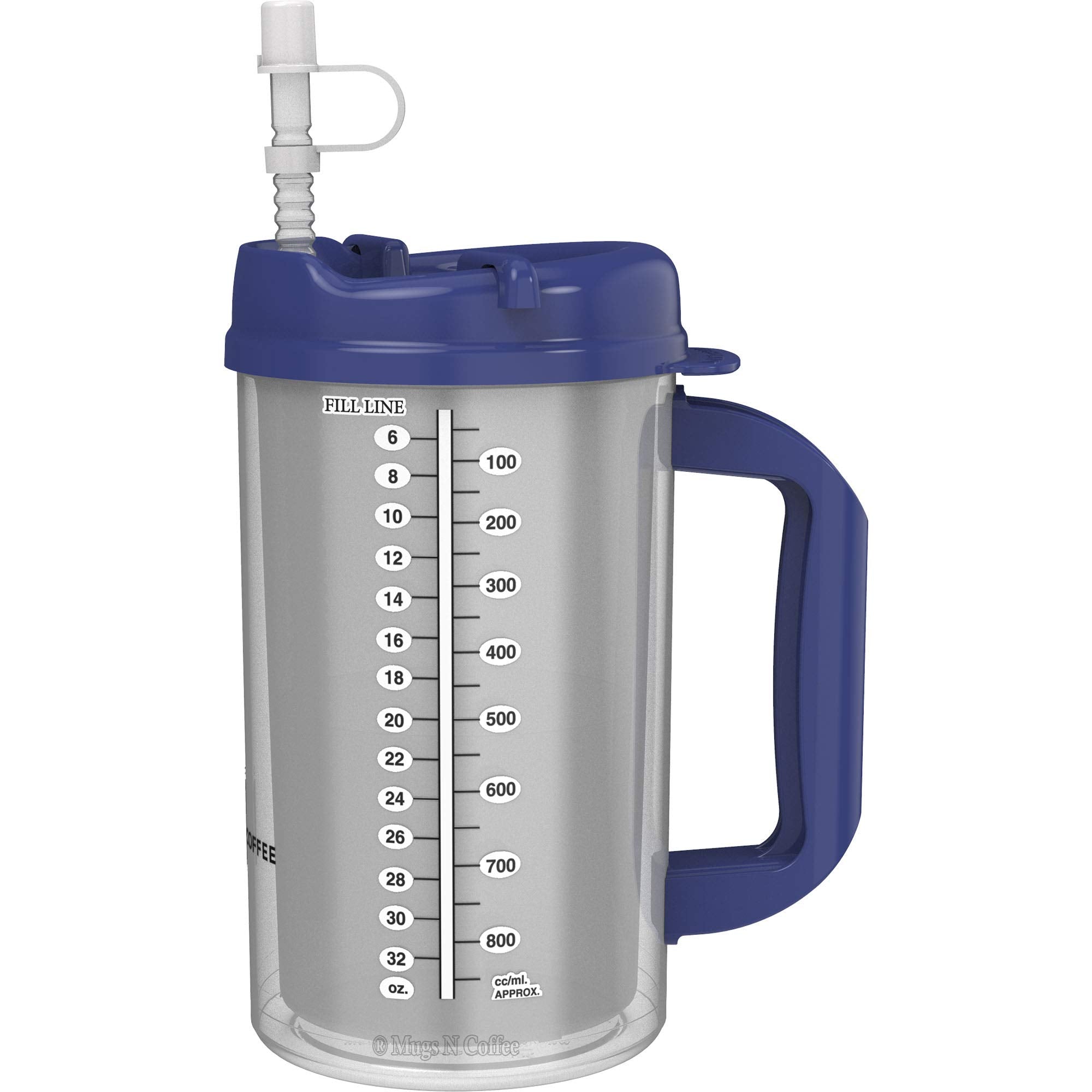 Mugs N Coffee 32 Oz Double Walled Hospital Mug With Straw - Blue Lid And Handle