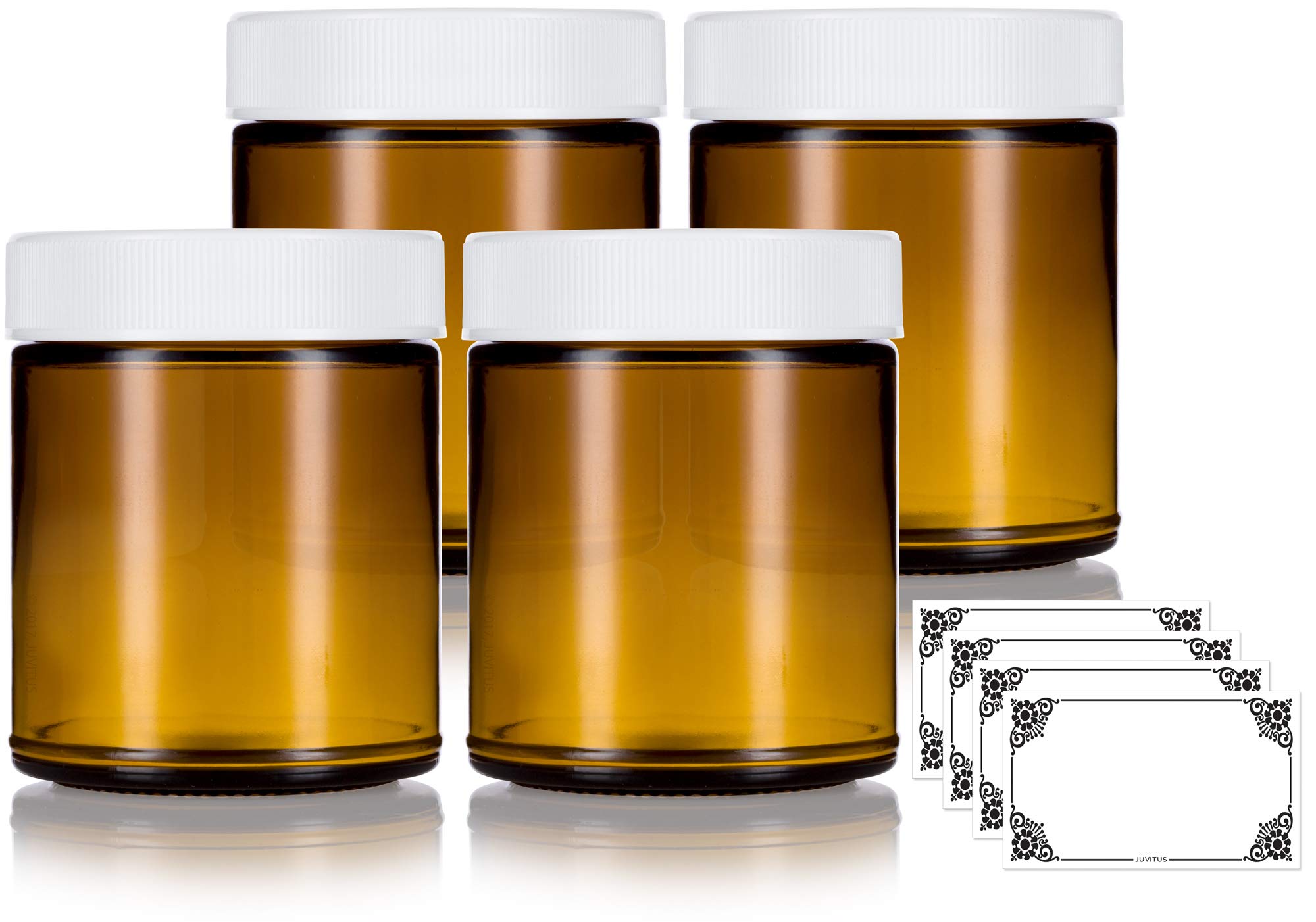 9 Oz Amber Glass Jar With White Ribbed Lid (4 Pack) + Label
