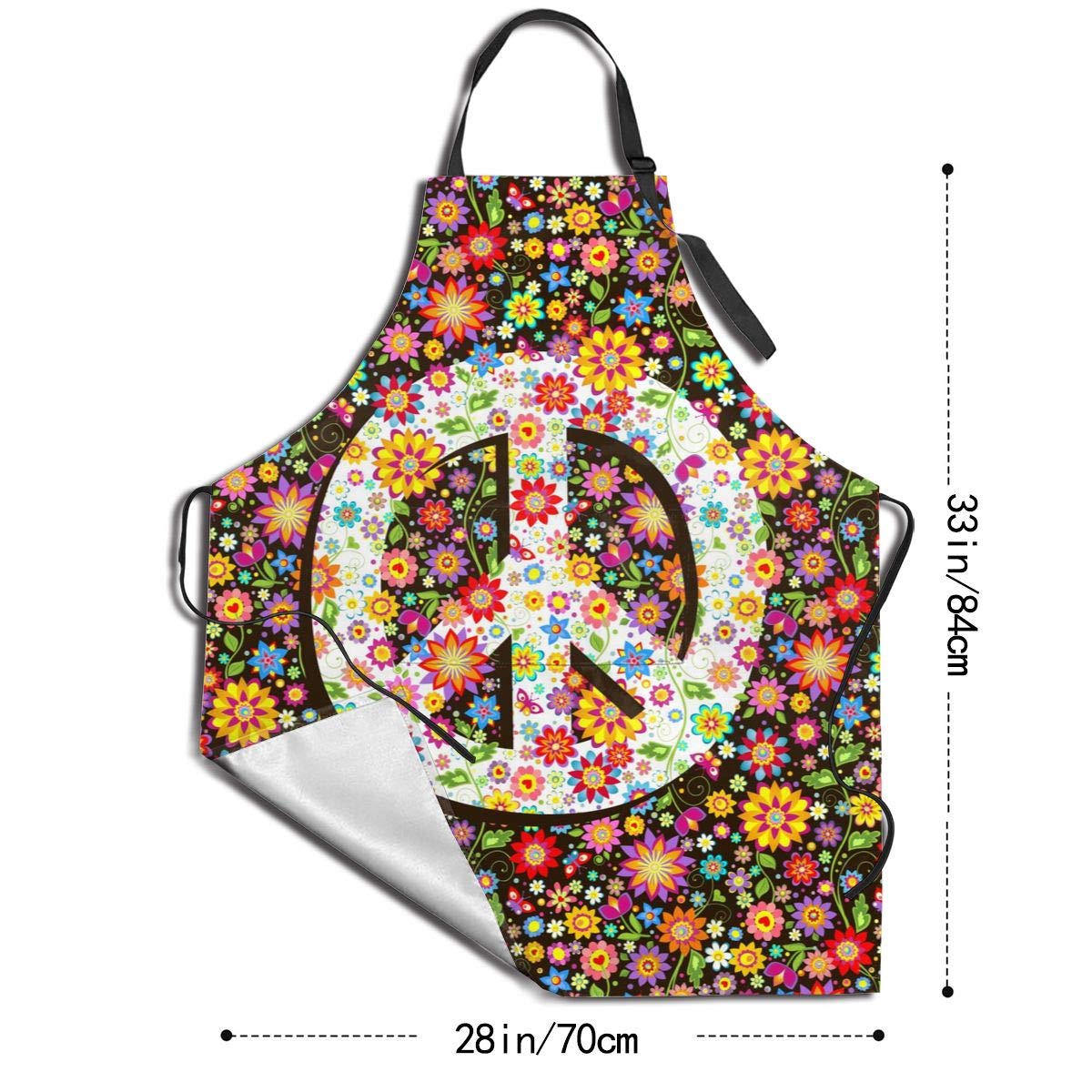 Abucaky Hippie Peace Sign Waterproof Apron For Adults Colorful Flowers Chef Bib With Roomy Pockets For Kitchen Bbq Crafting Draw