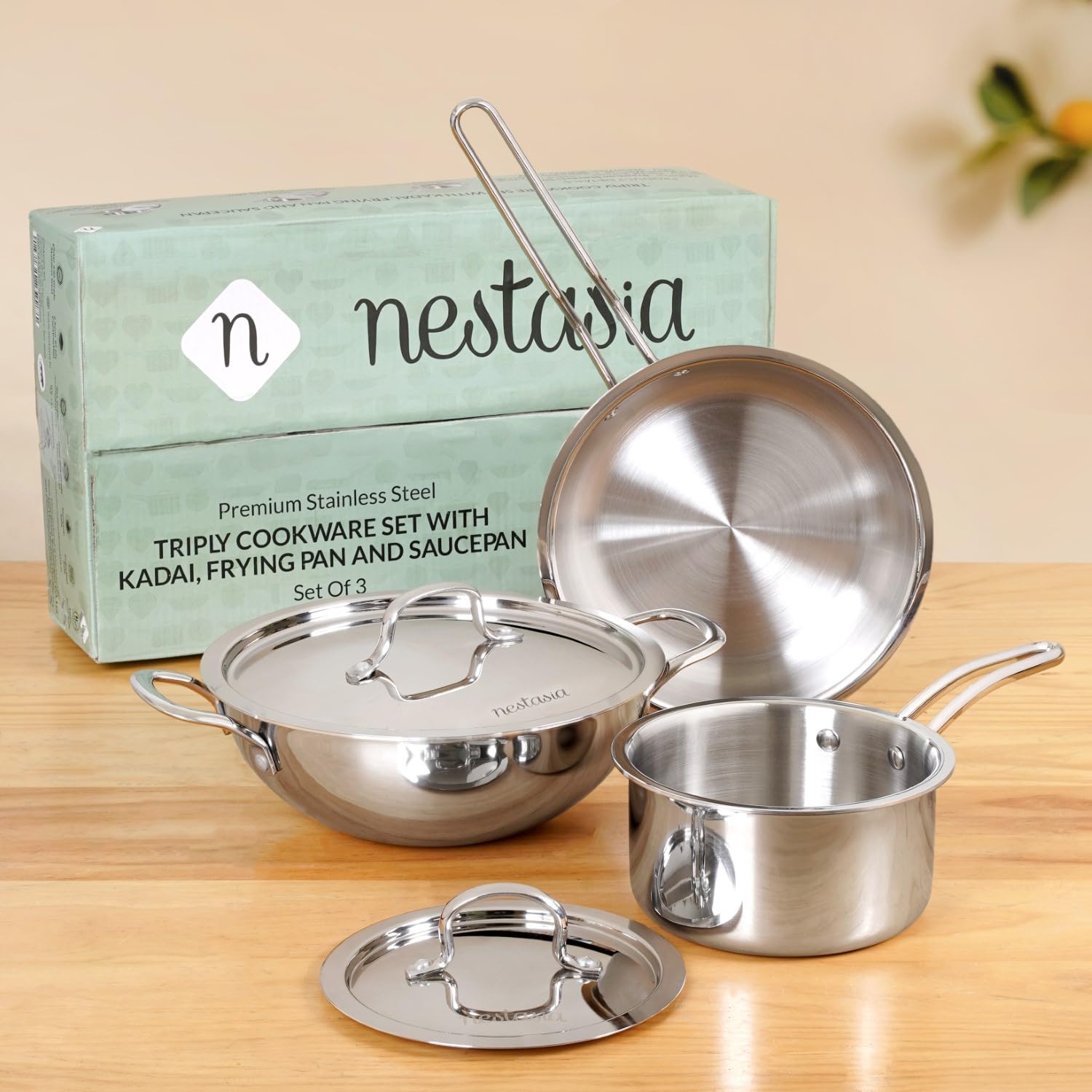 Nestasia Triply Stainless Steel 5 Pc Cookware Set - Fry Pan (22Cm/1.5L), Kadai With Lid (24Cm/3L) & Saucepan With Lid (16Cm/1.5L