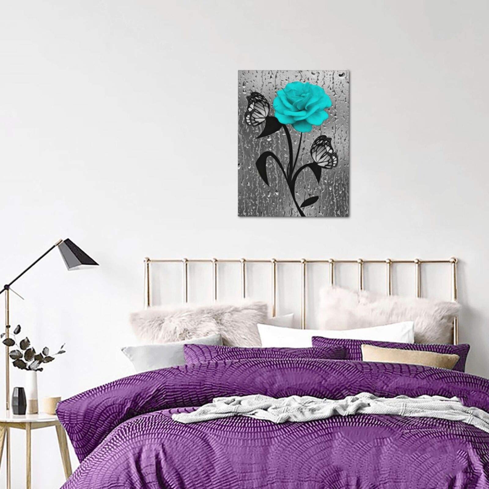 Farmhouse Bathroom Decor Canvas Wall Art Teal Blue Roses Butterfly Picture Wall Decor Black And White Grey Bath Painting Print A