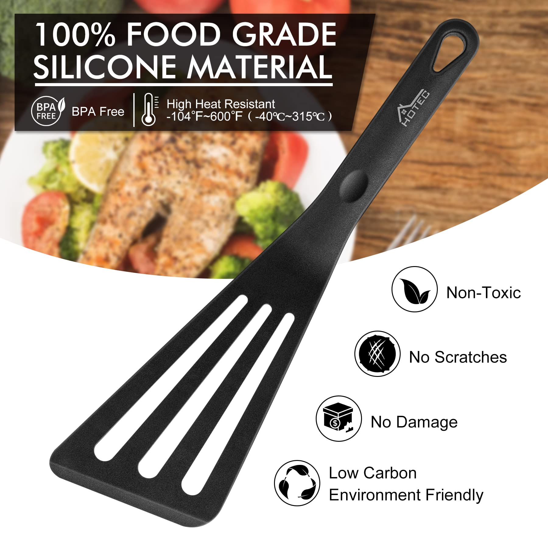 Hotec Heat Resistant Silicone Slotted Fish Turner Spatula Set, Flipper Cooking Spatulas, For Non Stick Cookware Dishwasher Safe,