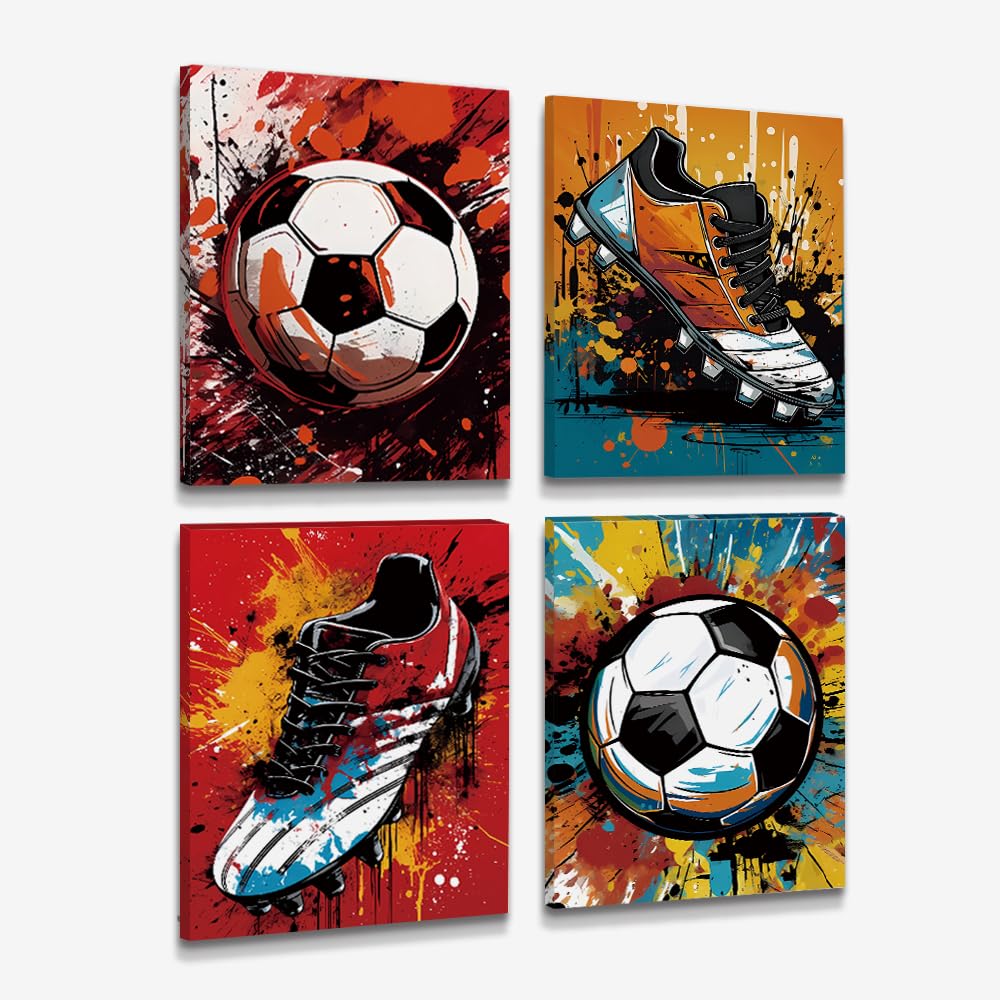 Framed Canvas Wall Art Soccer Prints Posters Boys Room Wall Decor,Retro Football Graffiti Art Painting Sport Fans Bedroom Man Ca