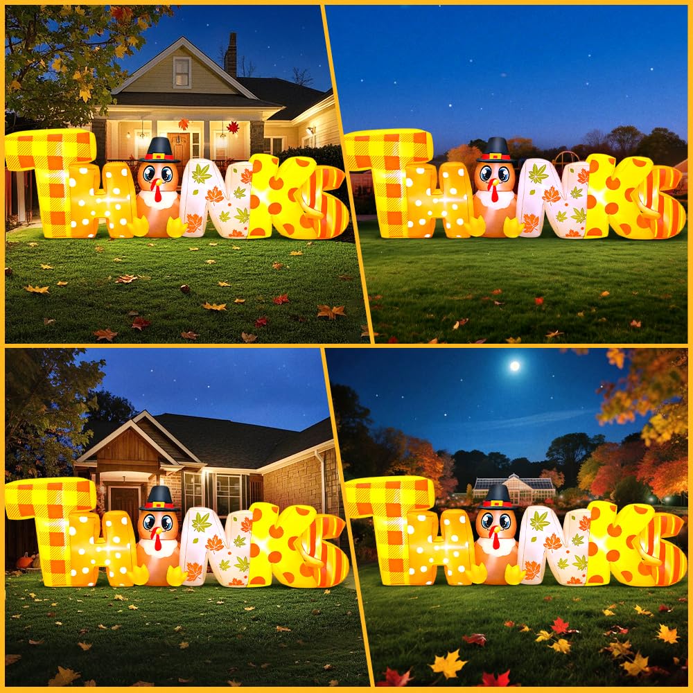 KOOY 8FT Thanksgiving Inflatables Decorations Blow Up Turkey with Thanks Letter Built-in LED Lights for Thanksgiving Festival Au