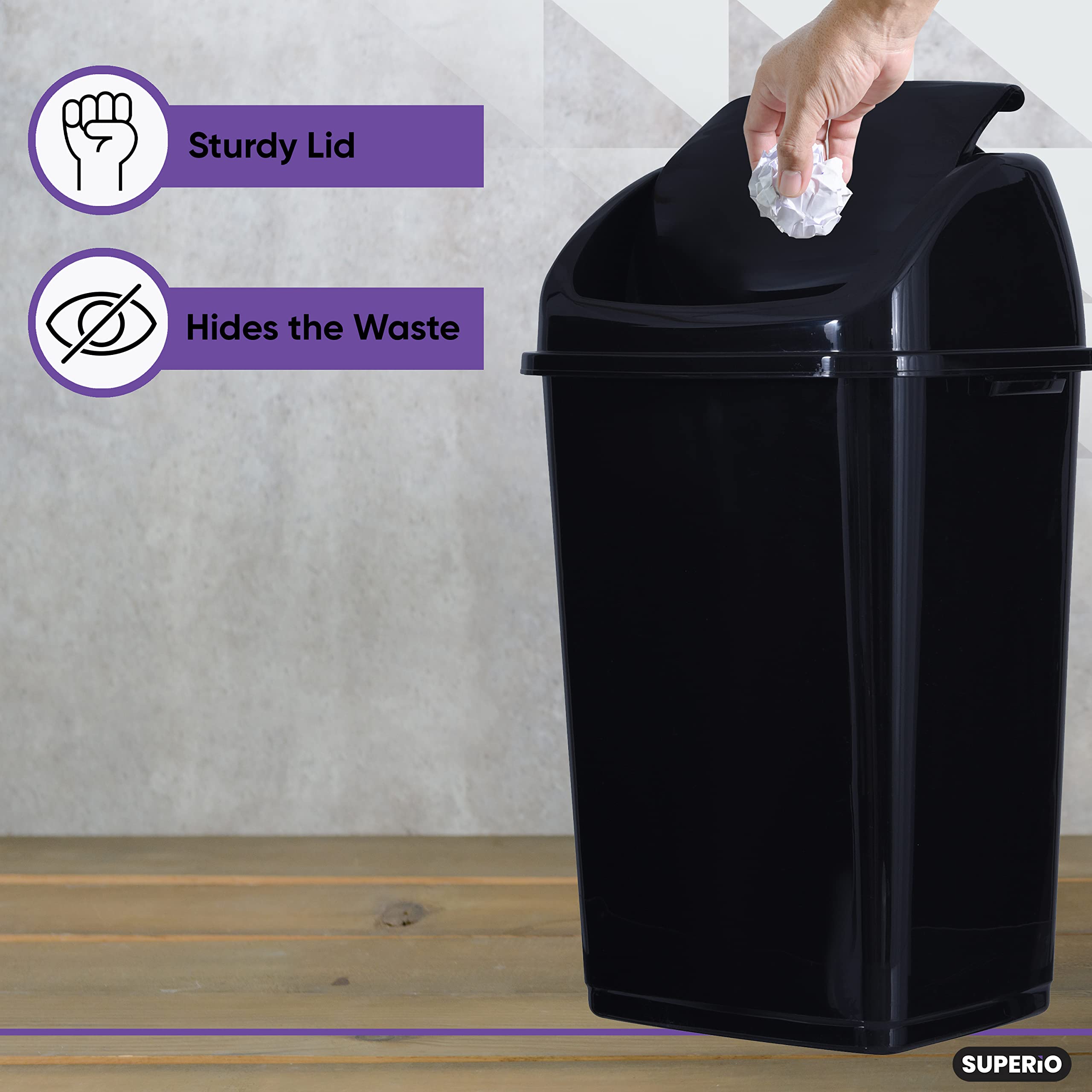 Superio Kitchen Trash Can 13 Gallon With Swing Lid, Plastic Tall Garbage Can Outdoor And Indoor, Large 52 Qt Recycle Bin And Was