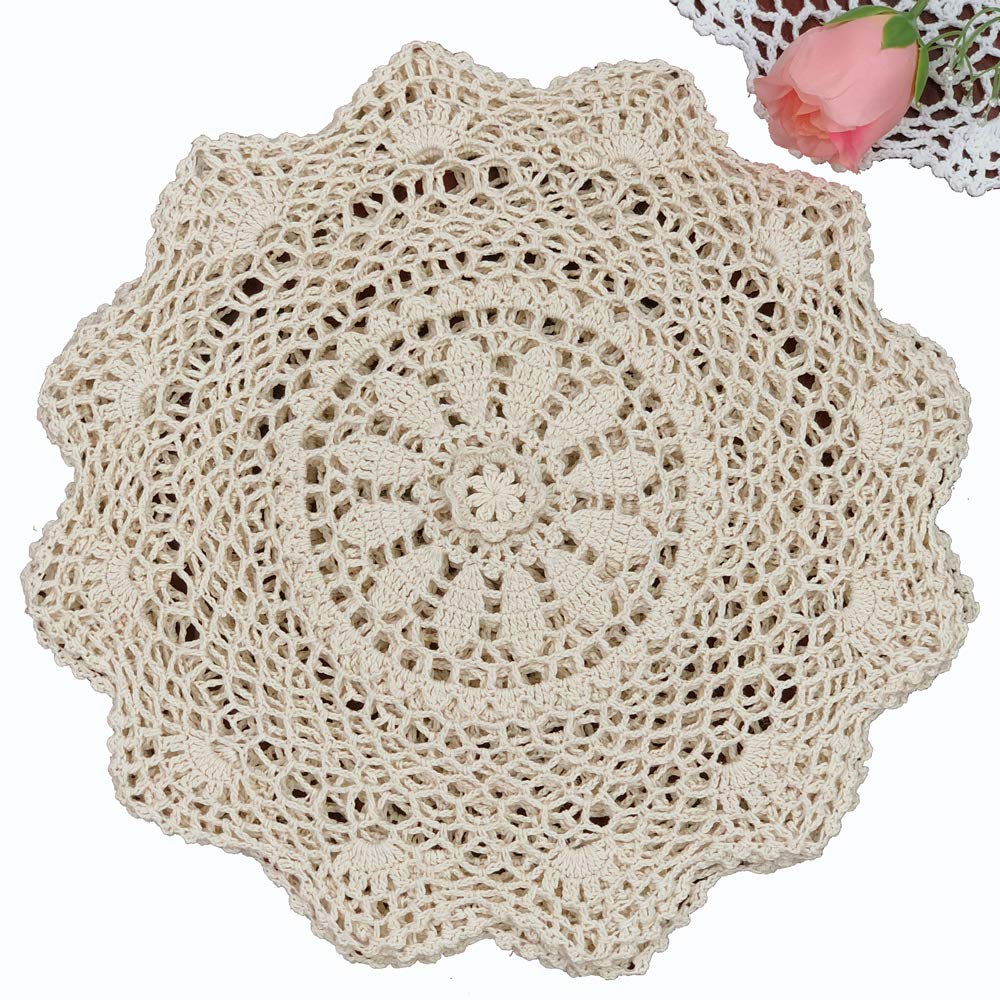 Creative Linens 6Pcs 12'' Round Crochet Lace Doily Beige 100% Cotton Handmade, Set Of 6 Pieces
