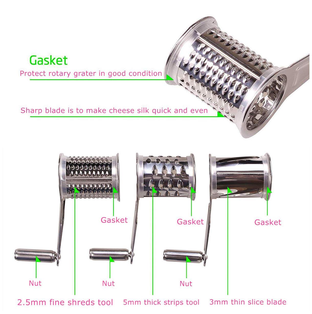 Keepingcoox Stainless Steel Rotary Cheese Grater/Vegetable Shredder, Handheld Restaurant Food Grater With Coarse Grater/Fine Gra