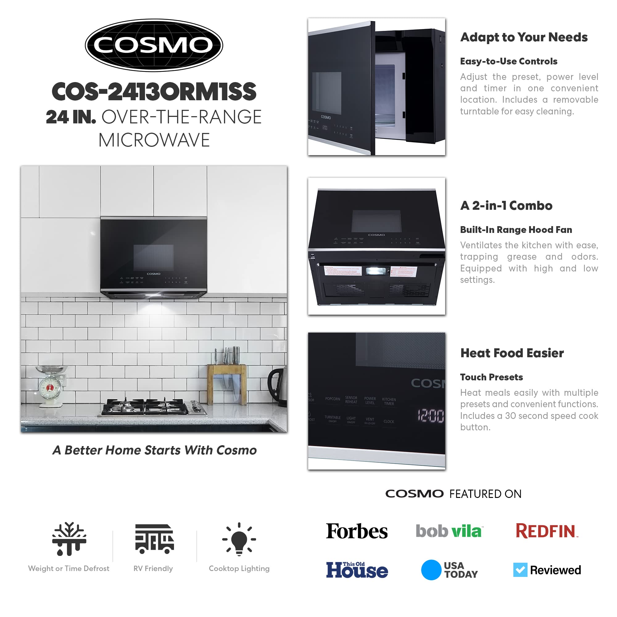 Cosmo Cos-2413Orm1Ss Over The Range Microwave Oven With Vent Fan, 1.34 Cu. Ft. Capacity, 1000W, 24 Inch, Black / Stainless Steel