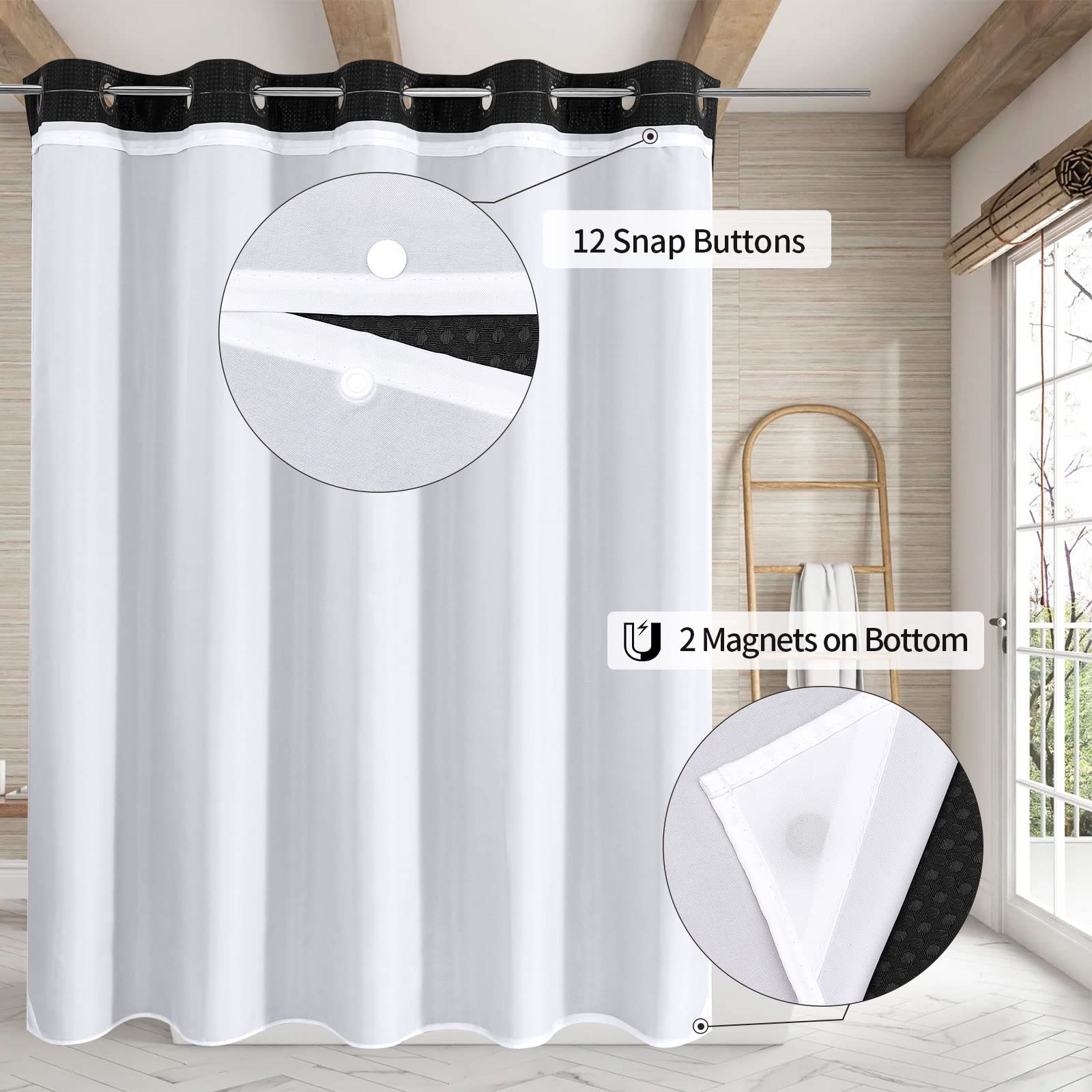 Mitovilla No Hooks Needed Black Waffle Shower Curtain Set With Snap-In Liner, Modern Waffle Weave Heavy Duty Fabric Cloth Shower