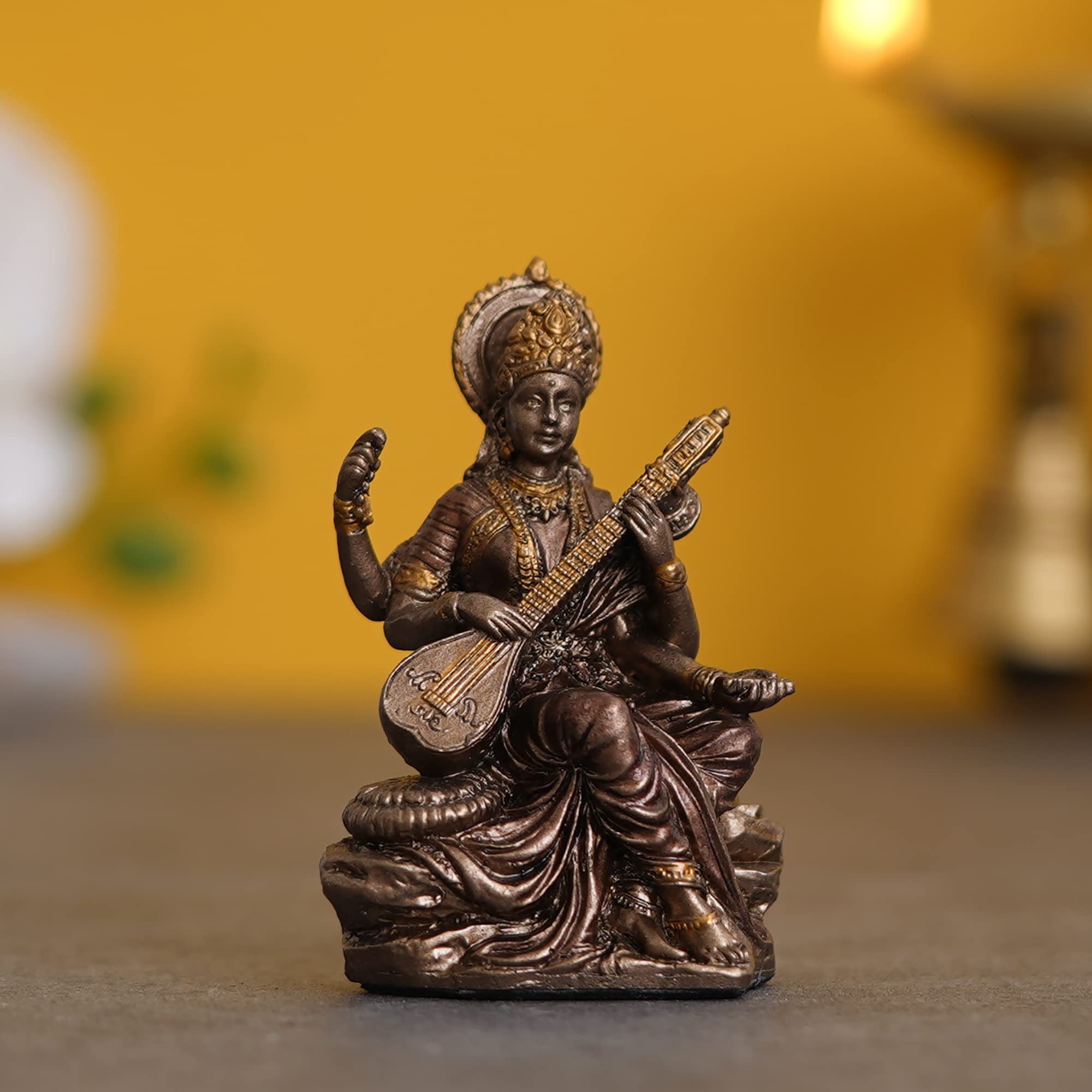 Ecraftindia Goddess Saraswati Playing Veena Cold Cast Bronze Resin Decorative Figurine