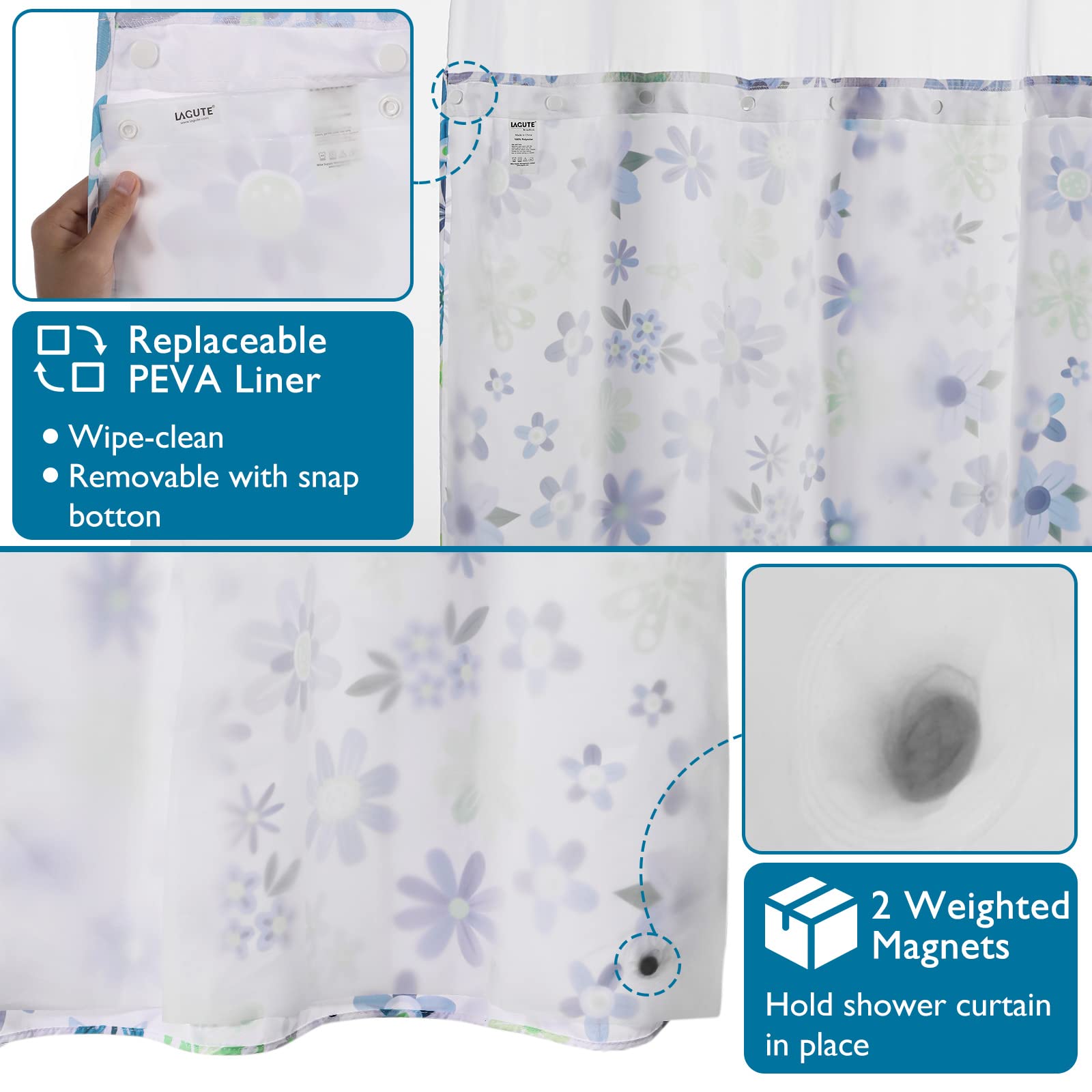 Lagute Snaphook Hook Free Fabric Floral Shower Curtain For Modern Bathroom With Snap-In Liner & See Through Top Window, Machine